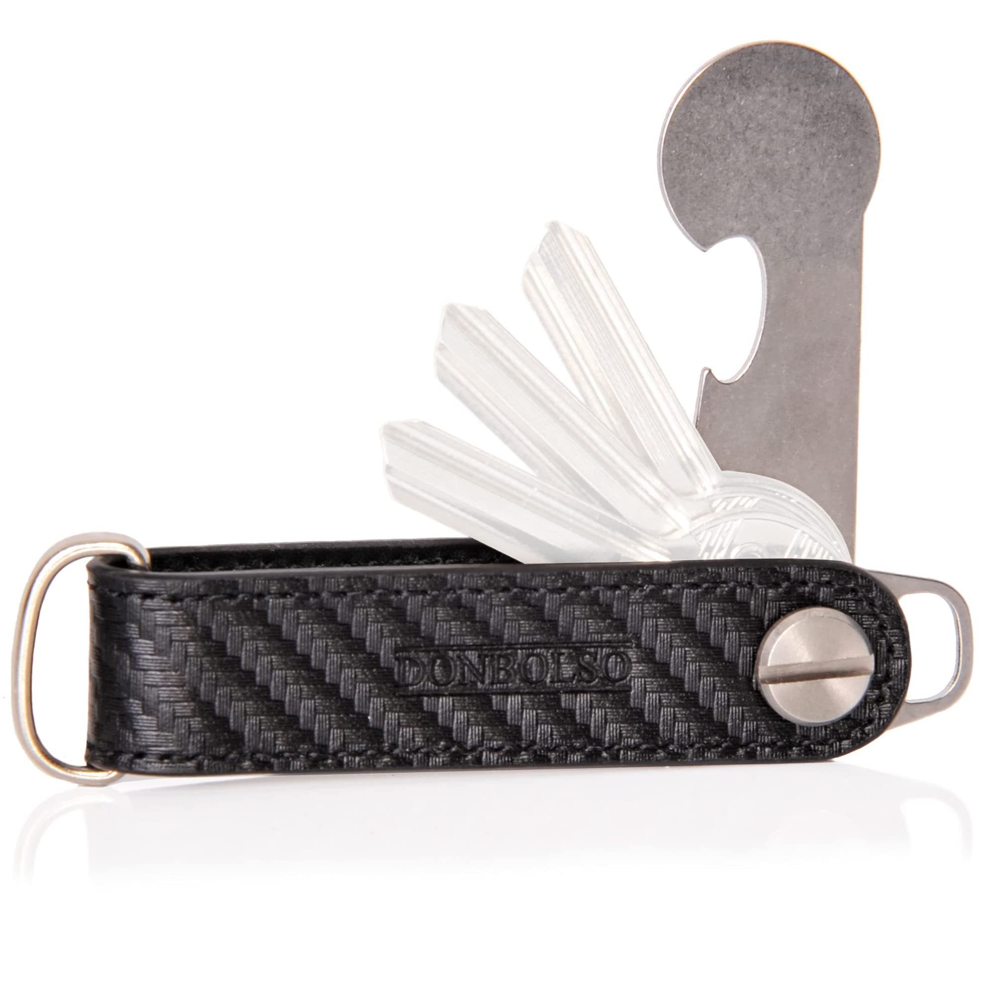 Schlüsselorganizer mit Edelstahlscheibe, & Edelstahl Leder Donbolso Schlüsseltasche / Sschlüssel Carbon-Schwarz Einkaufswagenlöser Edelstahl Organizerleder