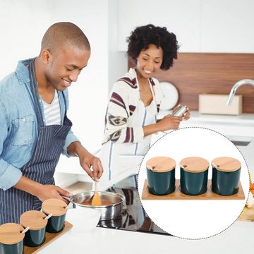 DOPWii Kaffeedose 3 Stück versiegelter Keramik-Kaffeebohnenbehälter mit Bambusdeckel, glatter Kaffeebehälter mit Regal und Löffel, schwarz