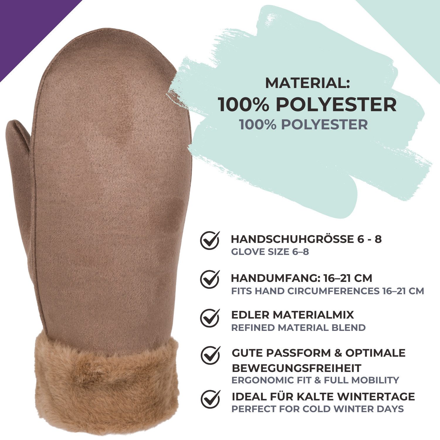 styleBREAKER Fäustlinge Veloursleder Optik Fäustlinge mit Kunstfell-Bund (1-St) – Bild 5 von 5