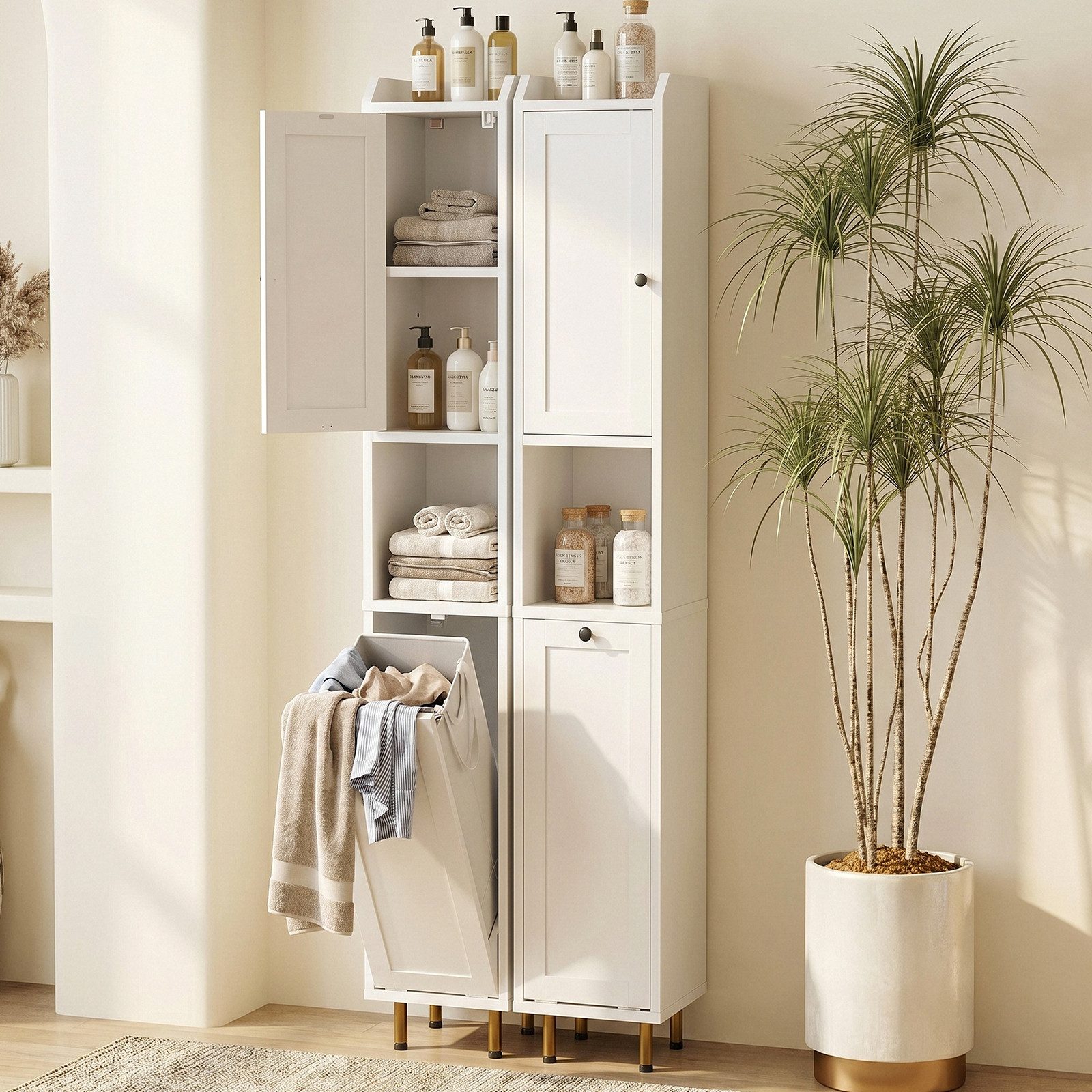 TLGREEN Badkommode Badezimmerschrank mit Wäschekorb, (37 L Wäschebeutel, Standschrank mit 4 Aufbewahrungszonen, 2 St), verstellbare Böden, 25 kg Tragkraft, Kippschutz