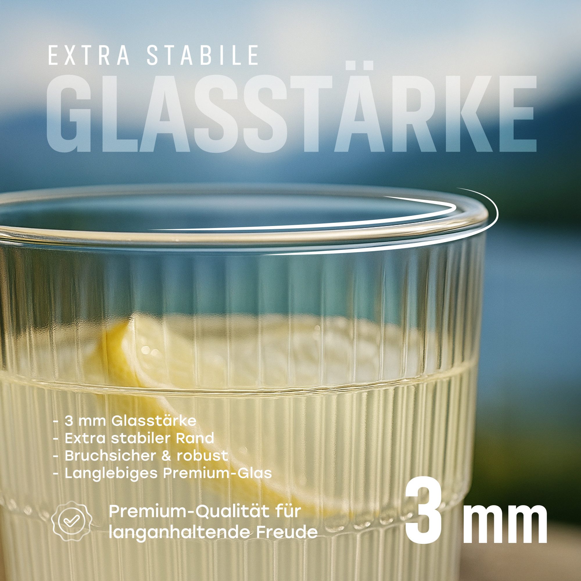 MUVELL Longdrinkglas 6er Set „Norway“ 480 ml klar, Matcha, spülmaschinenfest, 6-tlg., feuerpoliertes kristallklares 3mm Glas, Stoßfest, Spülmaschinenfest, 3 mm Glasstärke