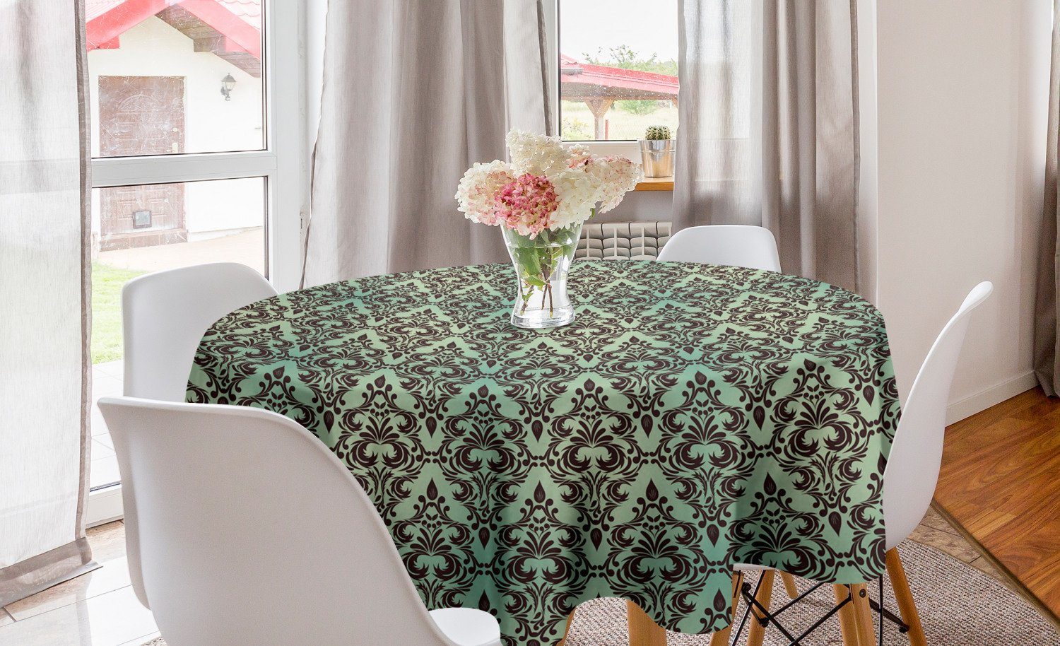 Abakuhaus Tischdecke Kreis Tischdecke Abdeckung für Esszimmer Küche Dekoration, Mint und Brown Barock Floral