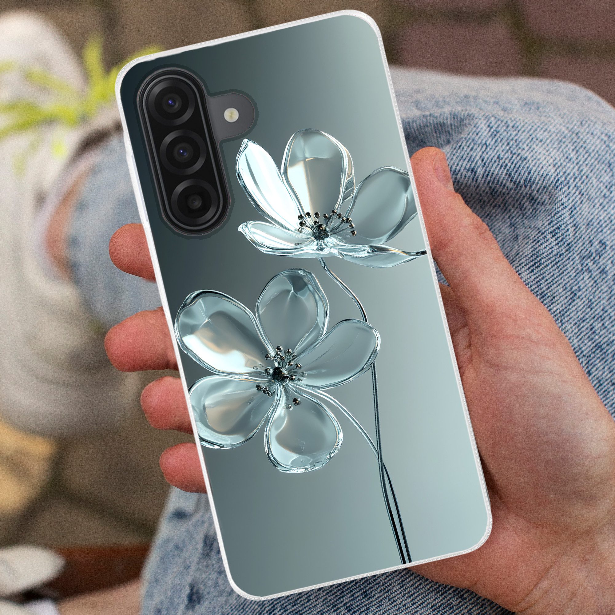 MuchoWow Handyhülle für Samsung Galaxy A17 Kristall - Blumen - Grau, Smartphone-Bumper, Print, Handy Schutzhülle Dünn