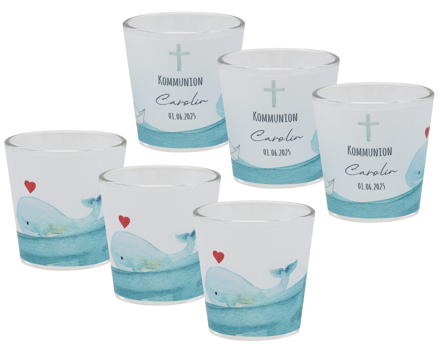Windlicht Windlicht Wal Papierboot Blau Kommunion Konfi PERSONALISIERT 7,5cmH