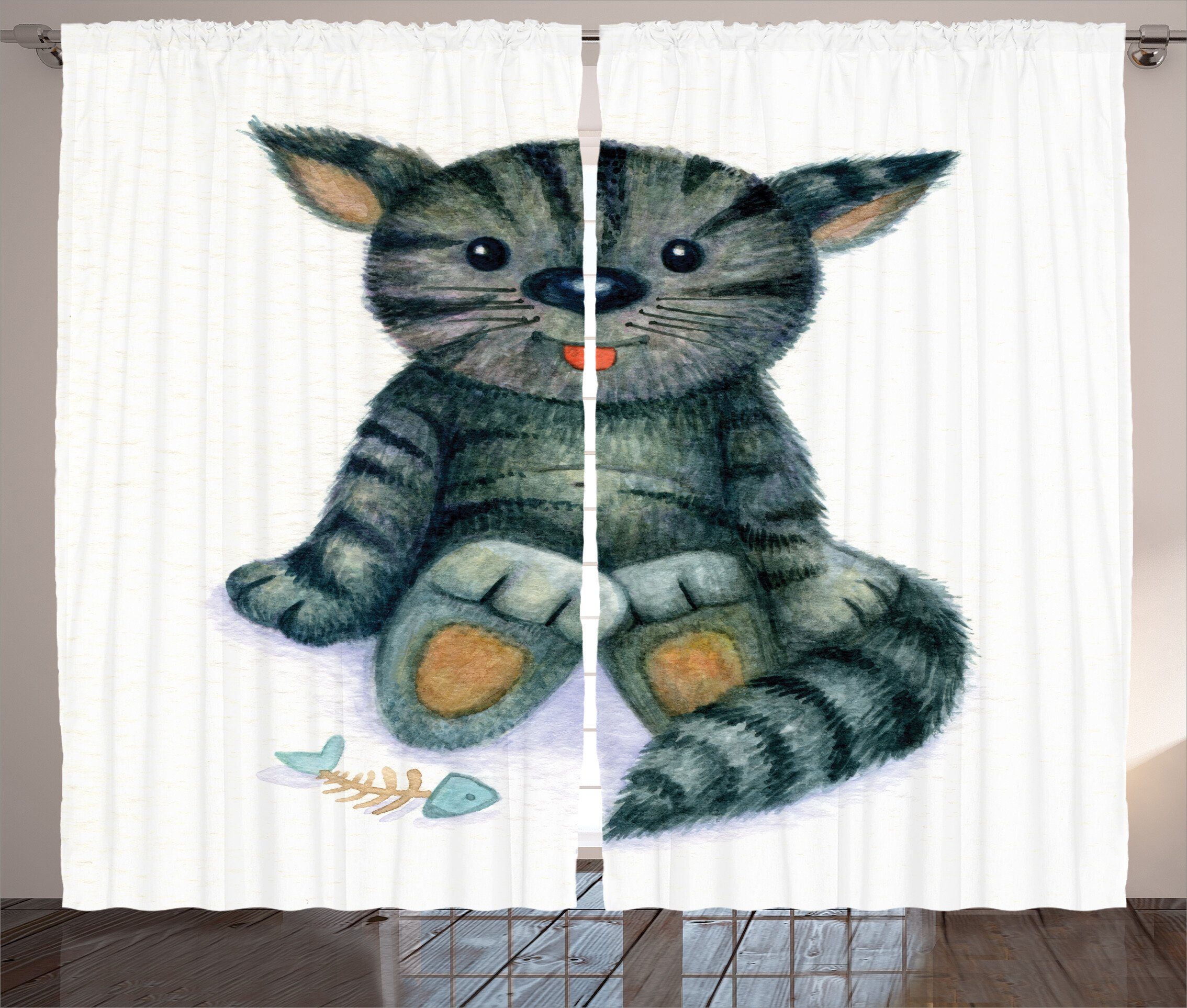 Gardine Schlafzimmer Kräuselband Vorhang mit Katzen-Cartoon-Fisch-Skelett Abakuhaus, Schlaufen und Katze Haken