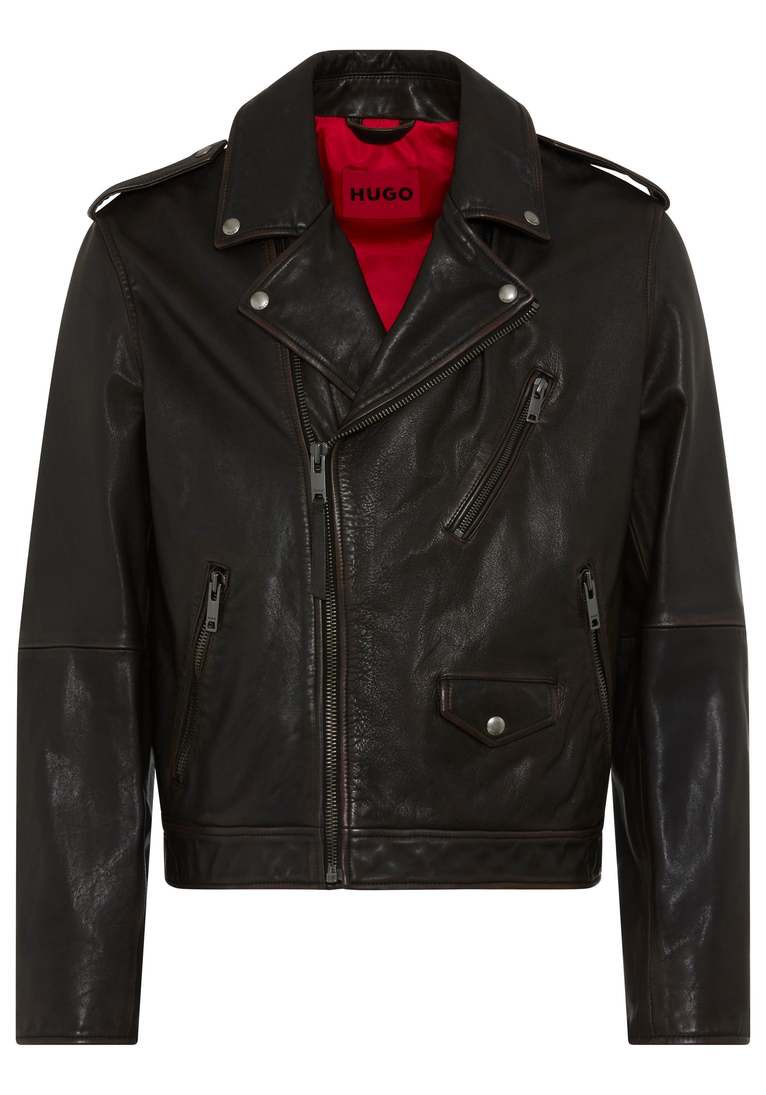 HUGO Lederjacke Levon Biker-Style, echtes Leder, Reißverschlüsse