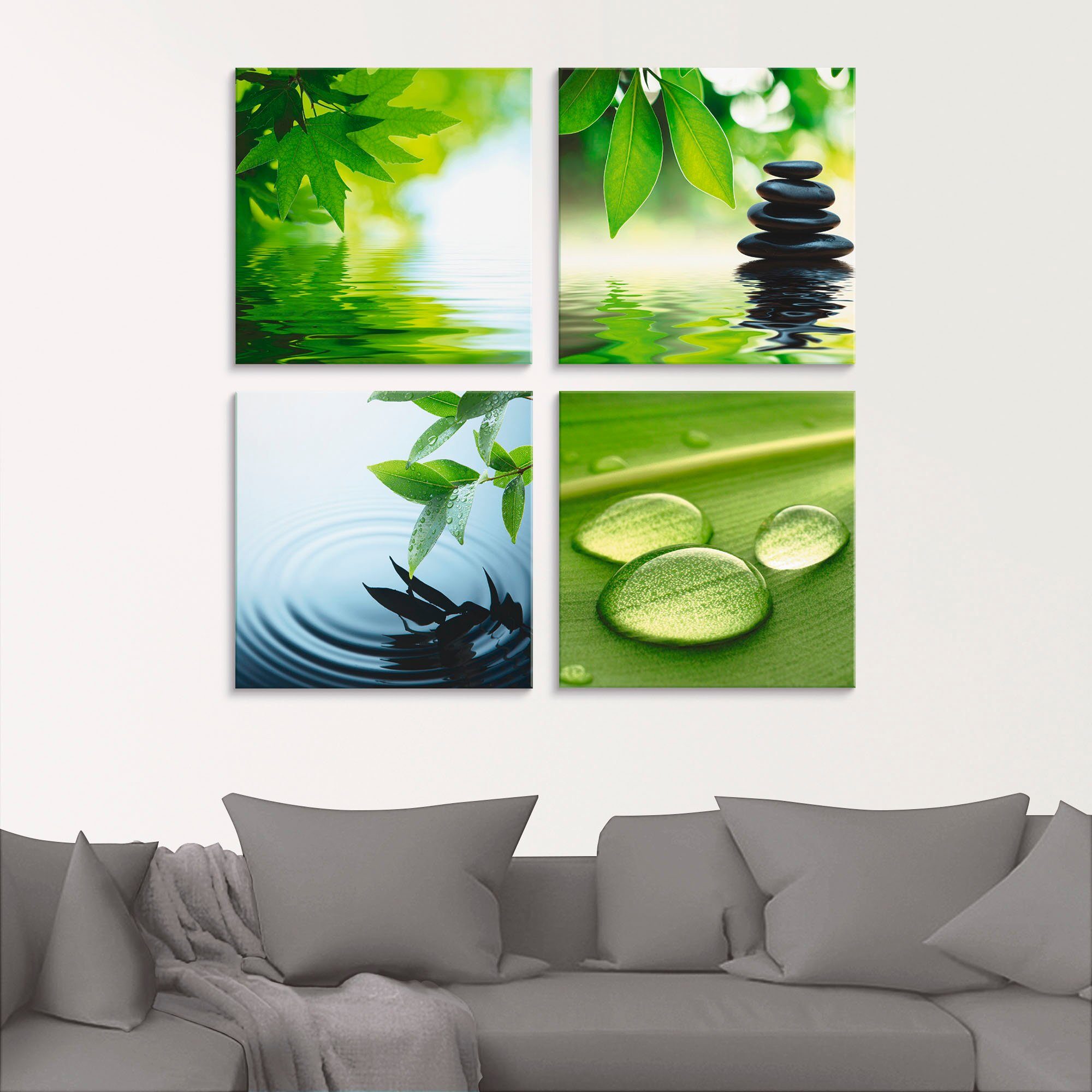verschiedenen St), Glasbild Zen Blätter in Zen Größen Tropfen, (4 Steinpyramide Wasser Artland