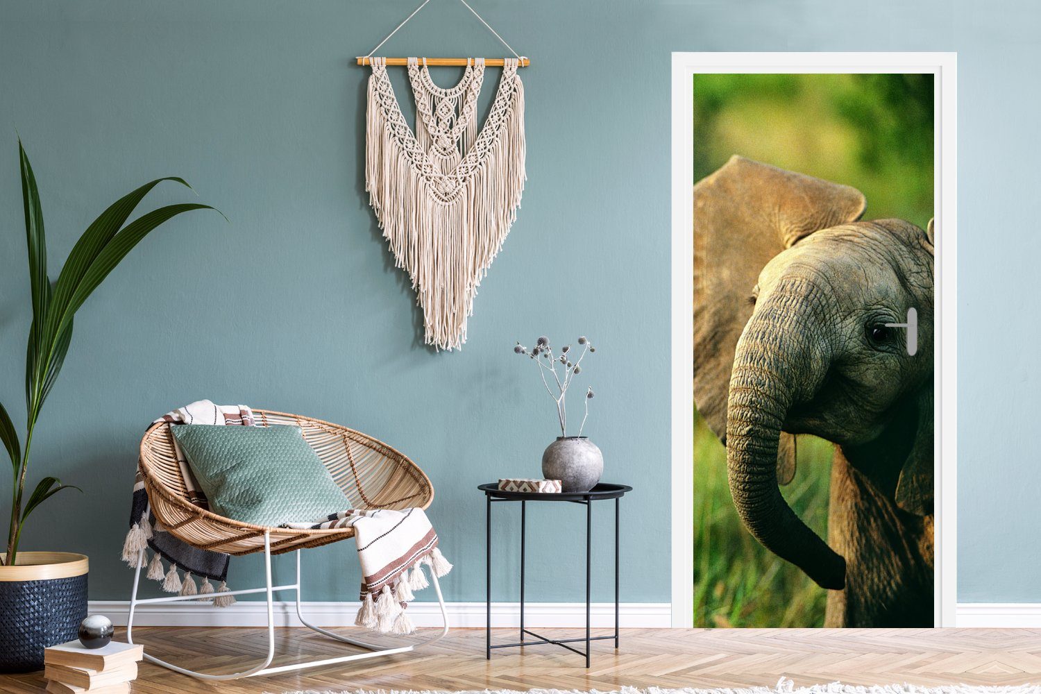 75x205 cm Elefant für Tür, (1 - Türaufkleber, bedruckt, St), Tiere - - Türtapete Grün MuchoWow Matt, Fototapete Natur,