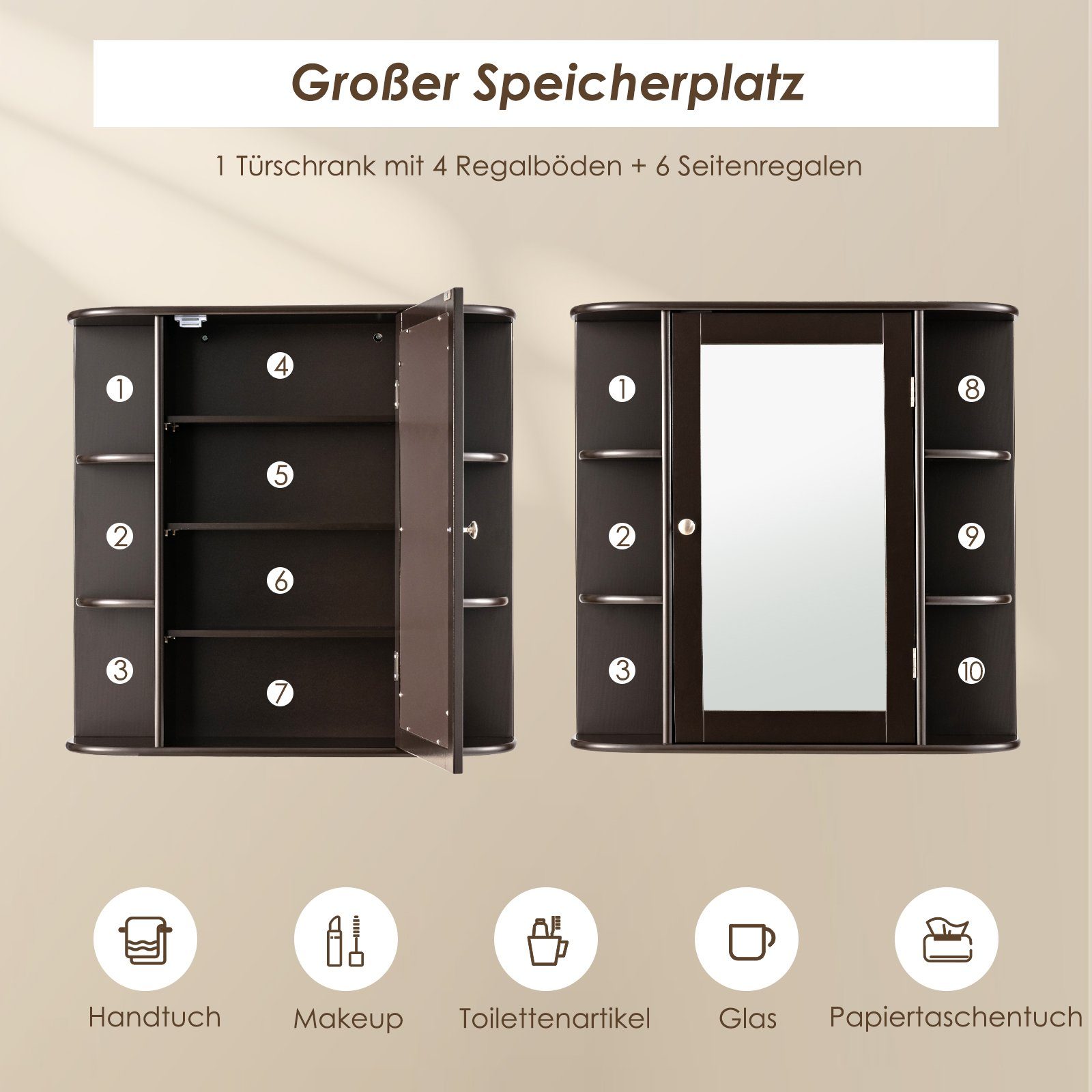 Fächern, Spiegelschrank COSTWAY Braun mit 65x17x63cm Spiegeltür, Ablagen,