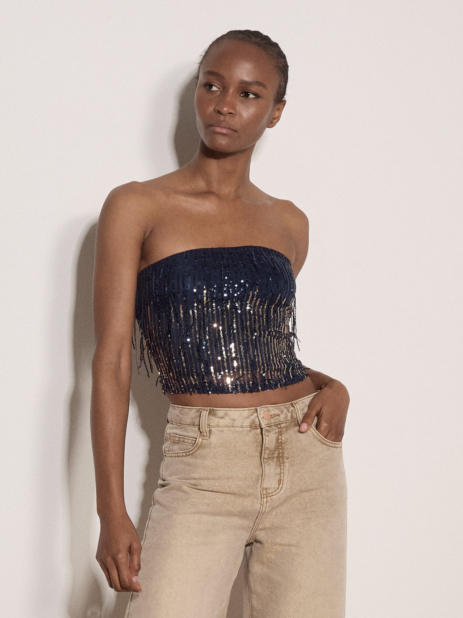 Apricot Paillettenshirt Bandeau-Crop-Top mit Fransen und Pailletten