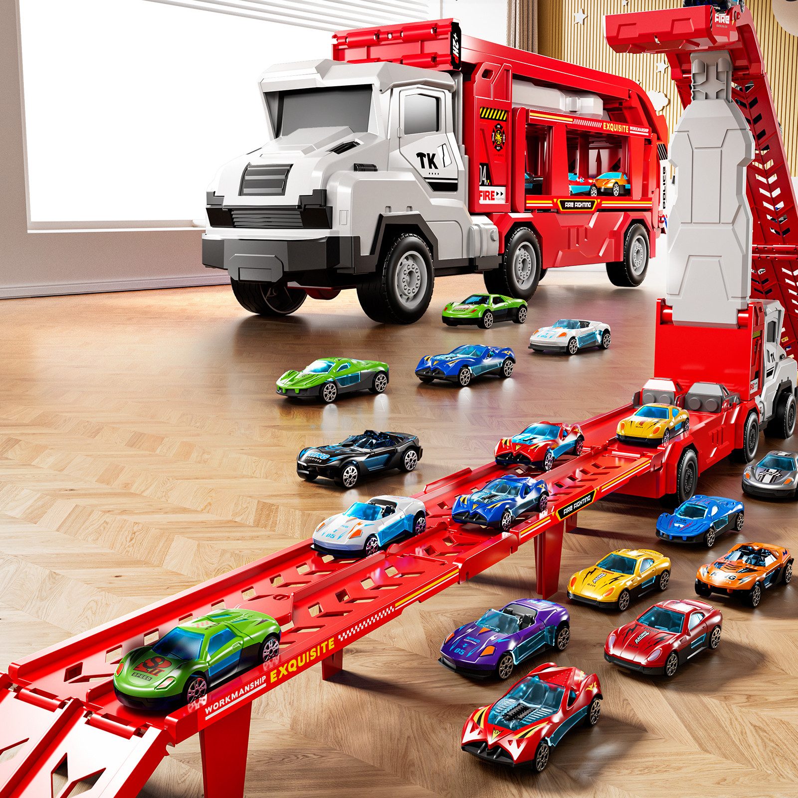 TEMI Spielzeug-Auto Transform Rennbahn LKW Spielzeug Set mit 12 Druckguss Autos – Bild 4 von 5