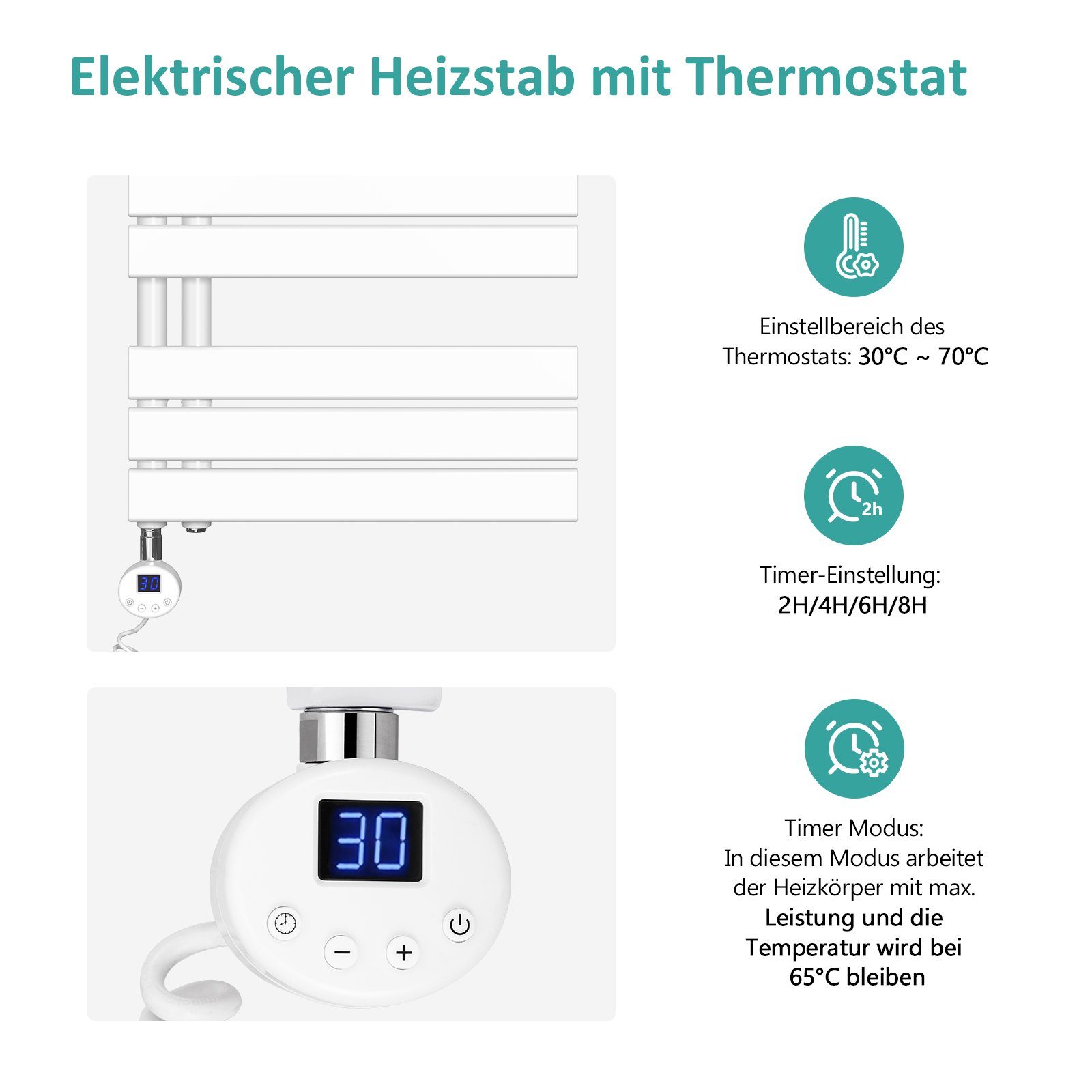 EMKE Paneelheizkörper Elektrischer Panel Heizstab inkl Handtuchhalter Handtuchwärmer timer mit Handtuchtrokner Thermostat, mit