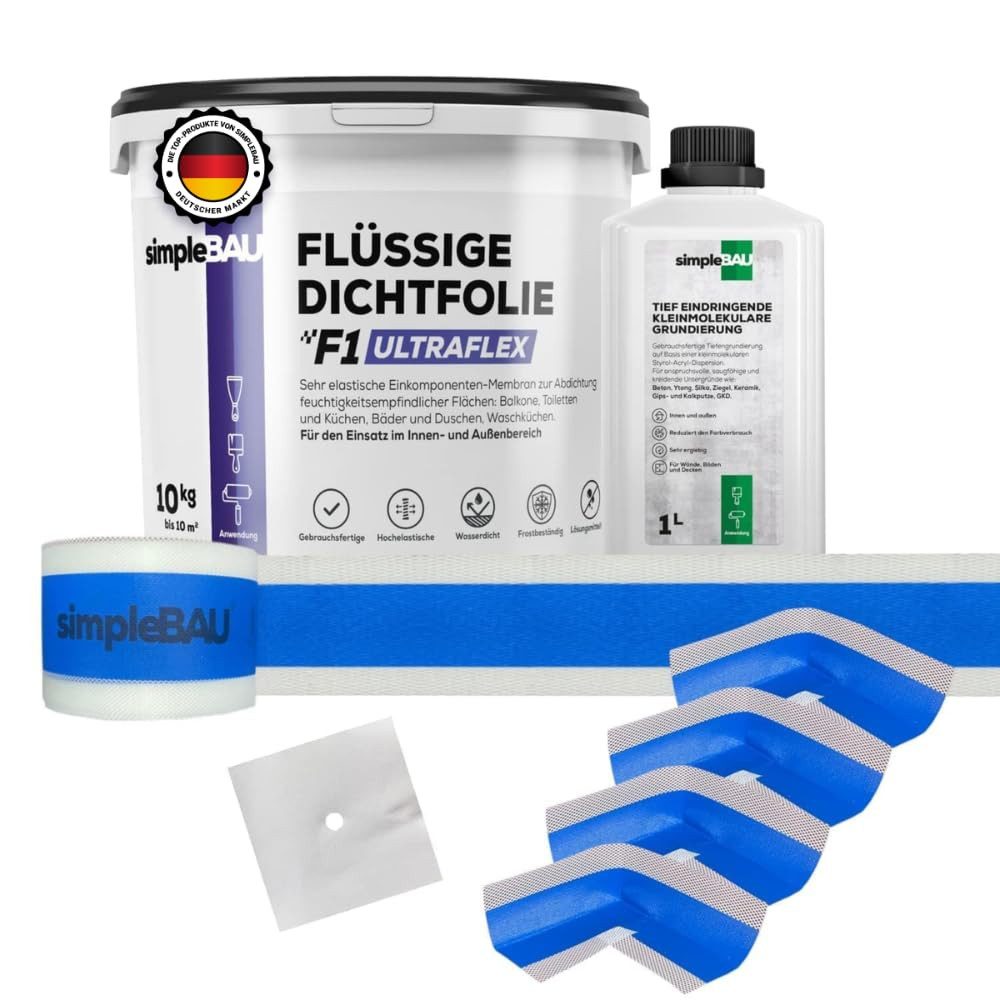 simpleBAU Dichtstoff Flüssigfolie Dichtfolie F1 Ultraflex 10 kg + Tiefengrund 1L, (6-tlg)