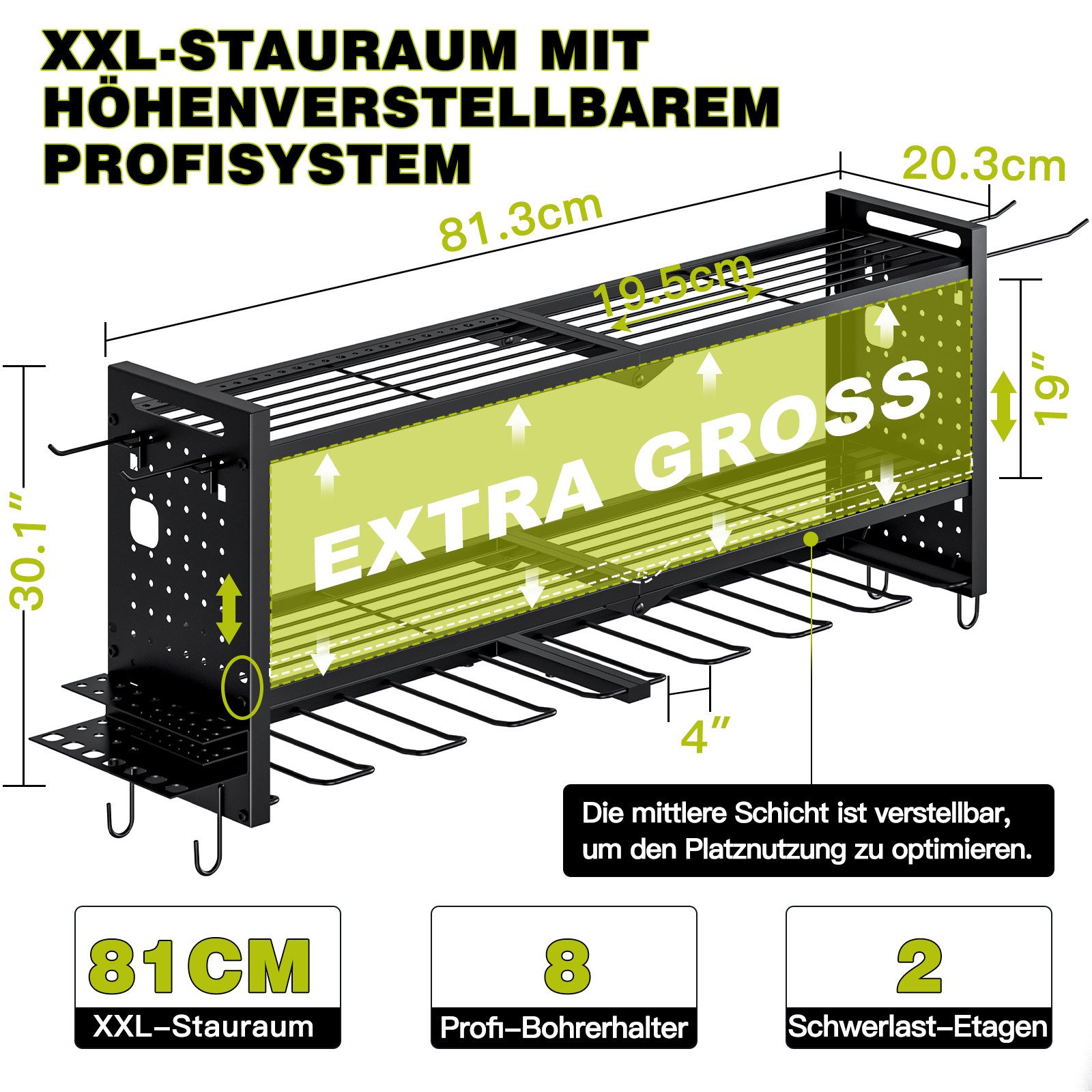 FABATO Regal für Werkzeug, 3-Ebenen Werkzeug-Wandhalterung mit 8 Akku-Halte günstig online kaufen