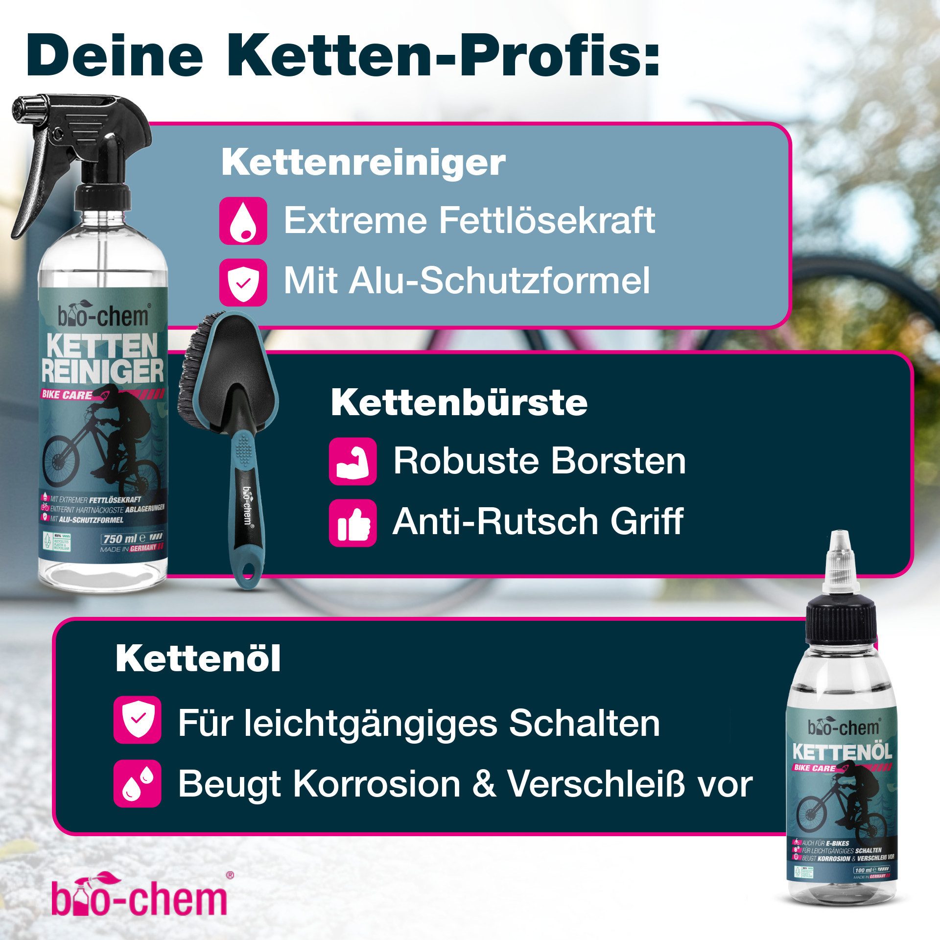 bio-chem Fahrrad Reinigungsset – 9-teilig - Reinigung und Pflege Zweiradreiniger (Sparpaket, [9-St. Fahrradpflege PREMIUM-SET 9-teilig 9-teiliges Reinigungsset für Fahrrad & E-Bike)