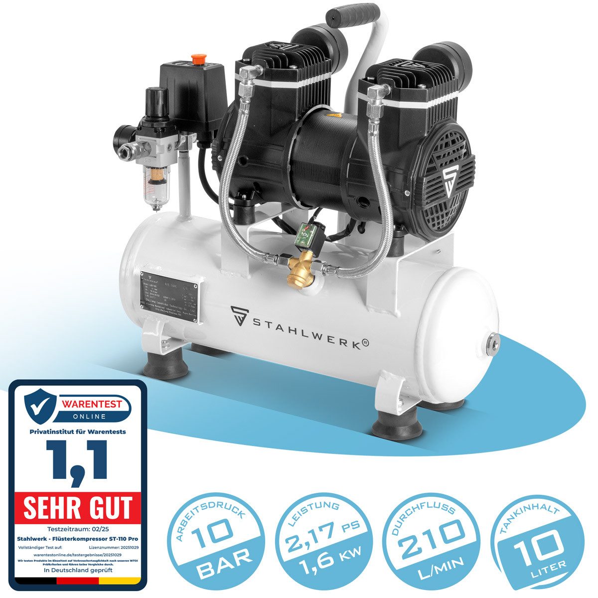 STAHLWERK Kompressor Kompressor ST-110 Pro mit 10 bar 2,1 PS 1,6 kW, 1390 W, max. 10 bar, 10 l, Packung, 210 l/min 10 l Tank ölfreier Druckluft-Kompressor Kolben-Kompressor
