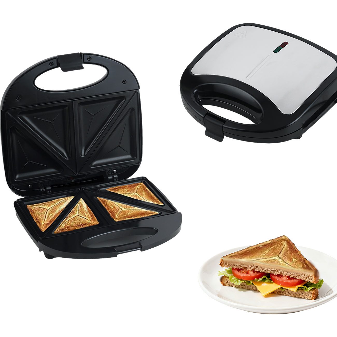 Casativo Sandwichmaker Sandwichmaker für 2 Sandwiches Antihaftplatte & Cool-Touch-Griff, 750 W, rutschfeste Füße, hitzebeständiges Gehäuse, beidseitig erhitzend