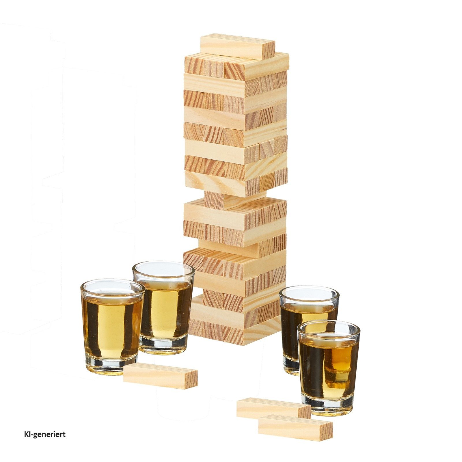 HTI-Living Schnapsglas Trinkspiel Wackelturm Drunking Tower, 52-tlg., Holz, Glas, Partyspiel 2-4 Personen