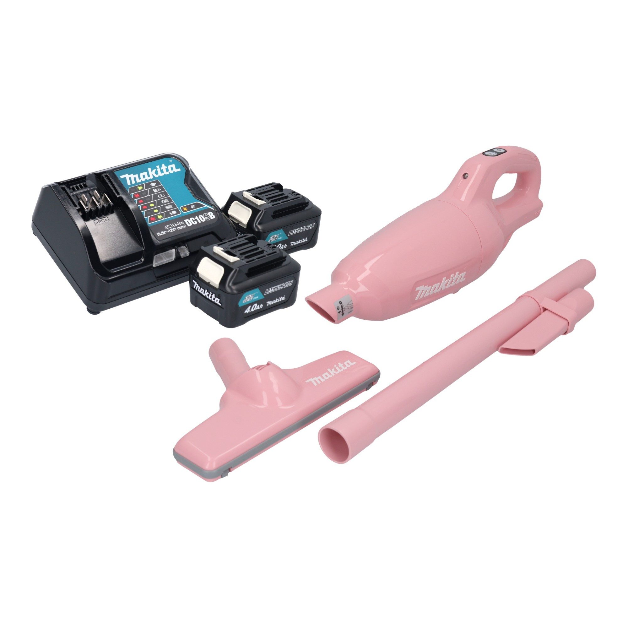 Makita Akku-Handstaubsauger CL 108 FDSMP 12 V max. 0,6 L pink + 2x Akku 4,0 Ah + Ladegerät