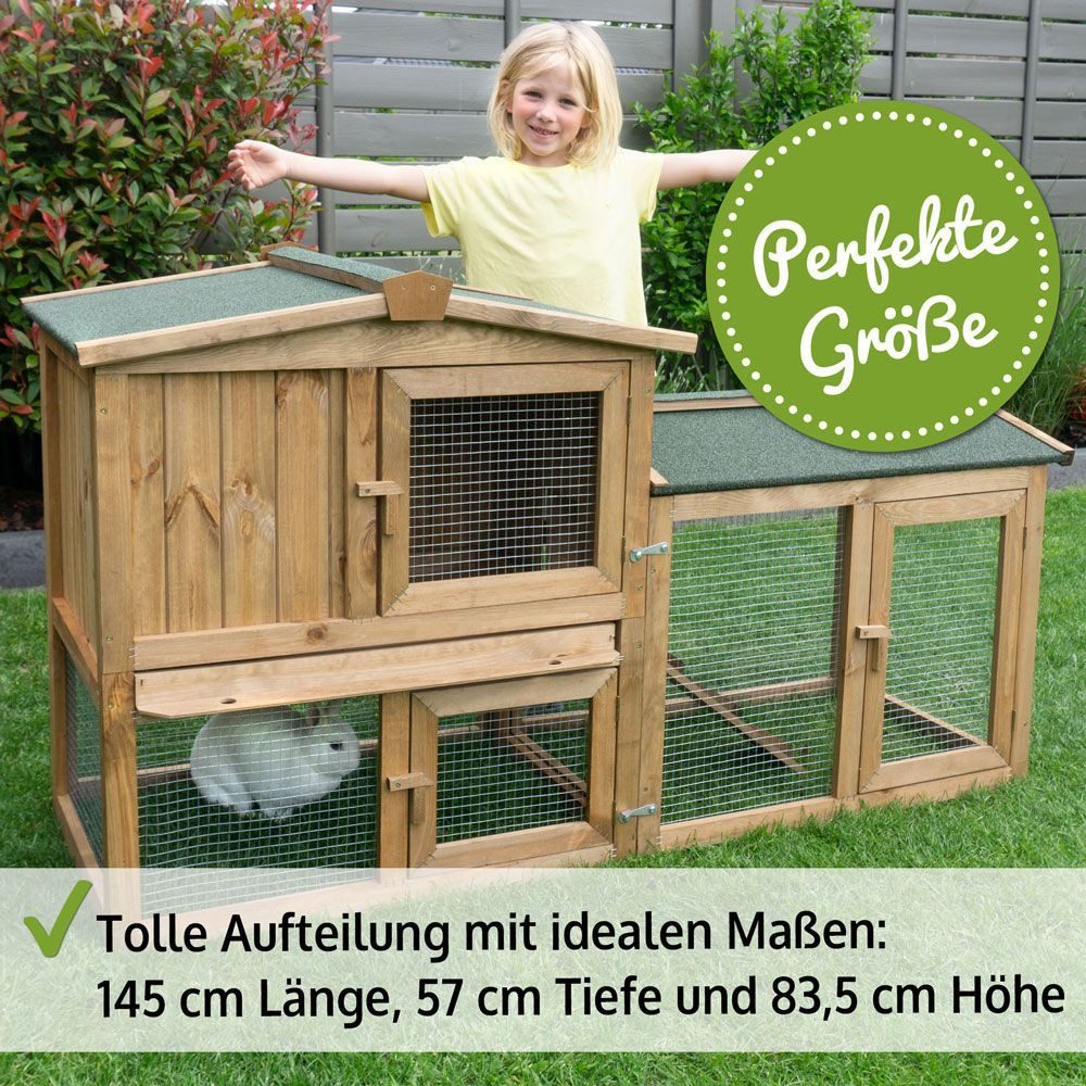 Zooprinz Kleintierstall Hasenstall Kaninchenstall Meister Lampe Winterfest & Wetterfest, Bitumen Klappdach, Rampe, Freilauf Auslauf Gehege, 2 Etagen