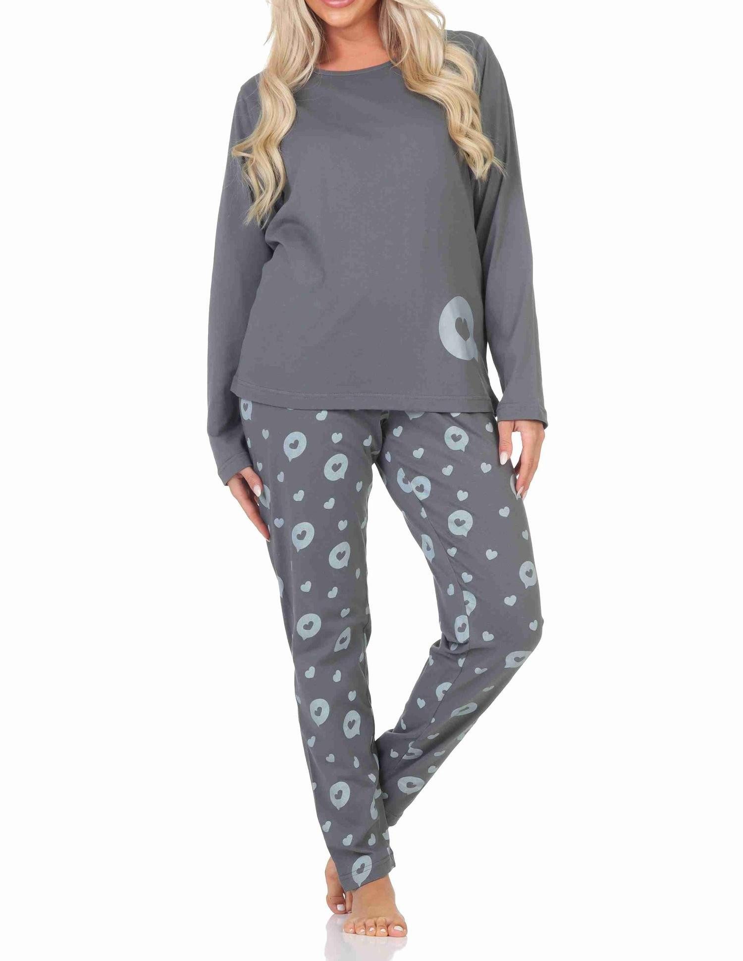 Normann Pyjama Normann Damen Schlafanzug langarm Pyjama in Herz Tupfen Punkte Optik