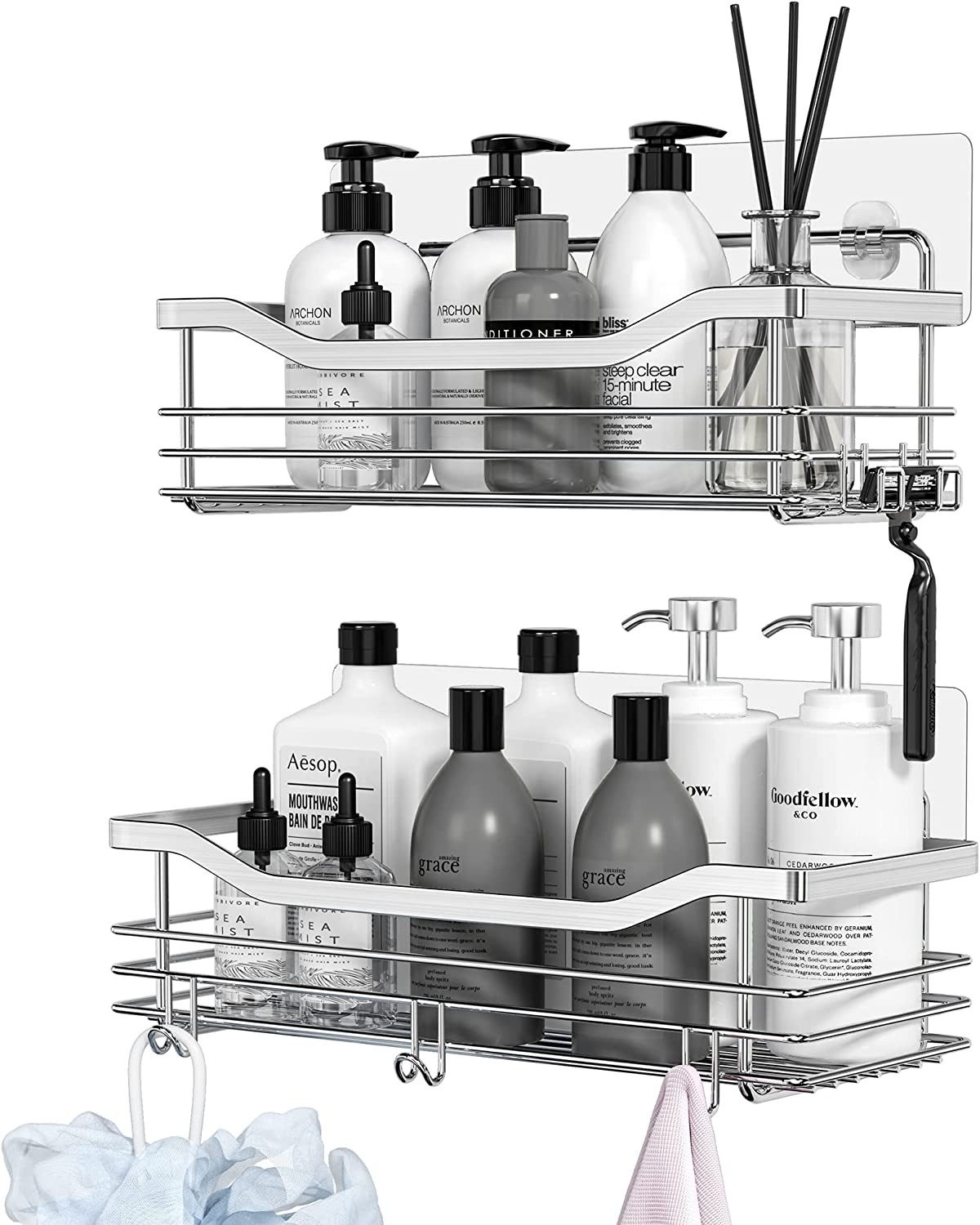 Refined Living Duschregal Duschablage ohne Bohren,Edelstahl Duschablage mit 5 Haken,2 Stück, Duschkörbe für Bad Küche Toilette,Duschregal,Badezimmer Regal Organizer,für Badezimmer, Schränke, Küchen 2-tlg., elbstklebender Duschkorb zur Aufbewahrung von Badaccessoires