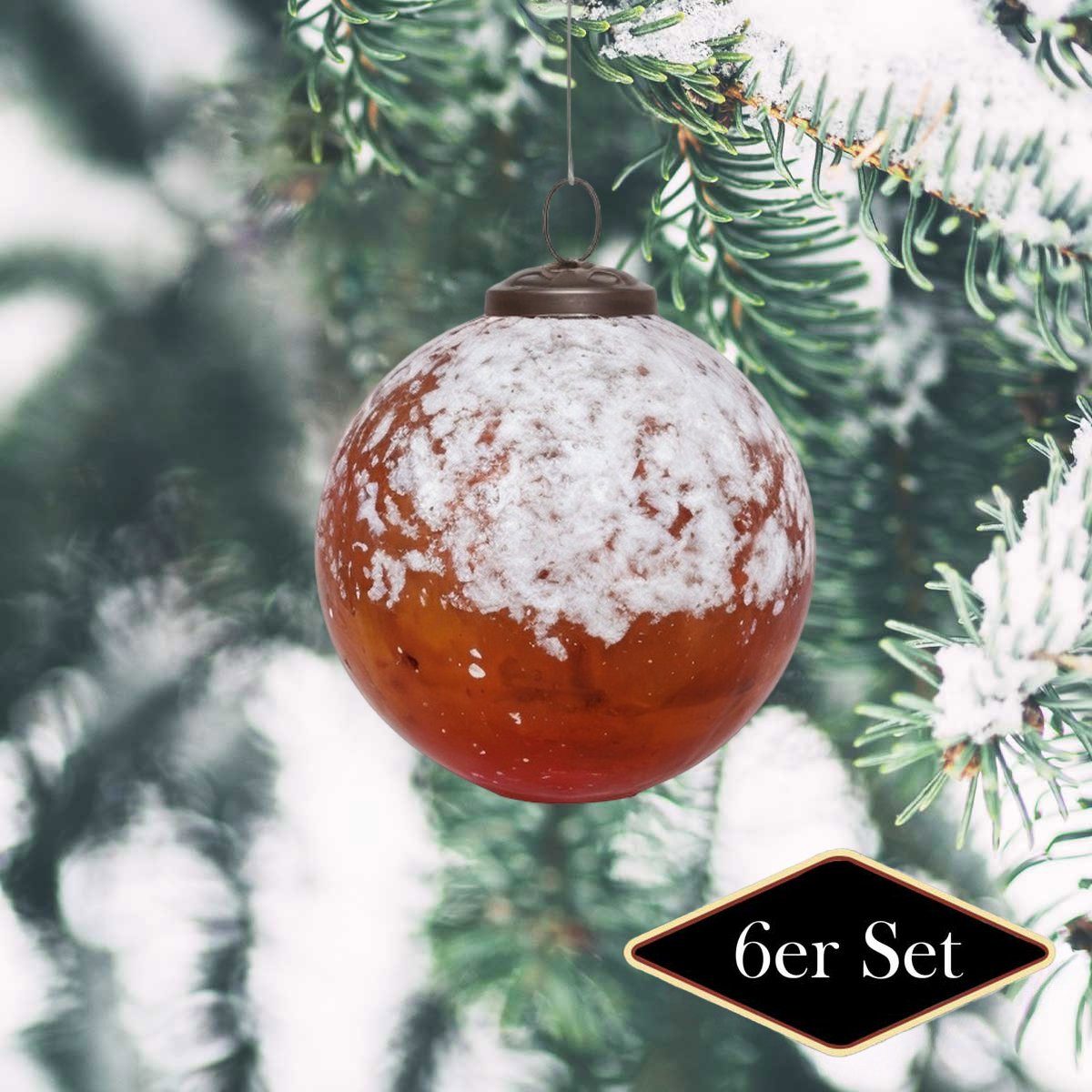 Antikas Weihnachtsfigur Premium Weihnachtskugeln, orange glänzend, Schneeoptik