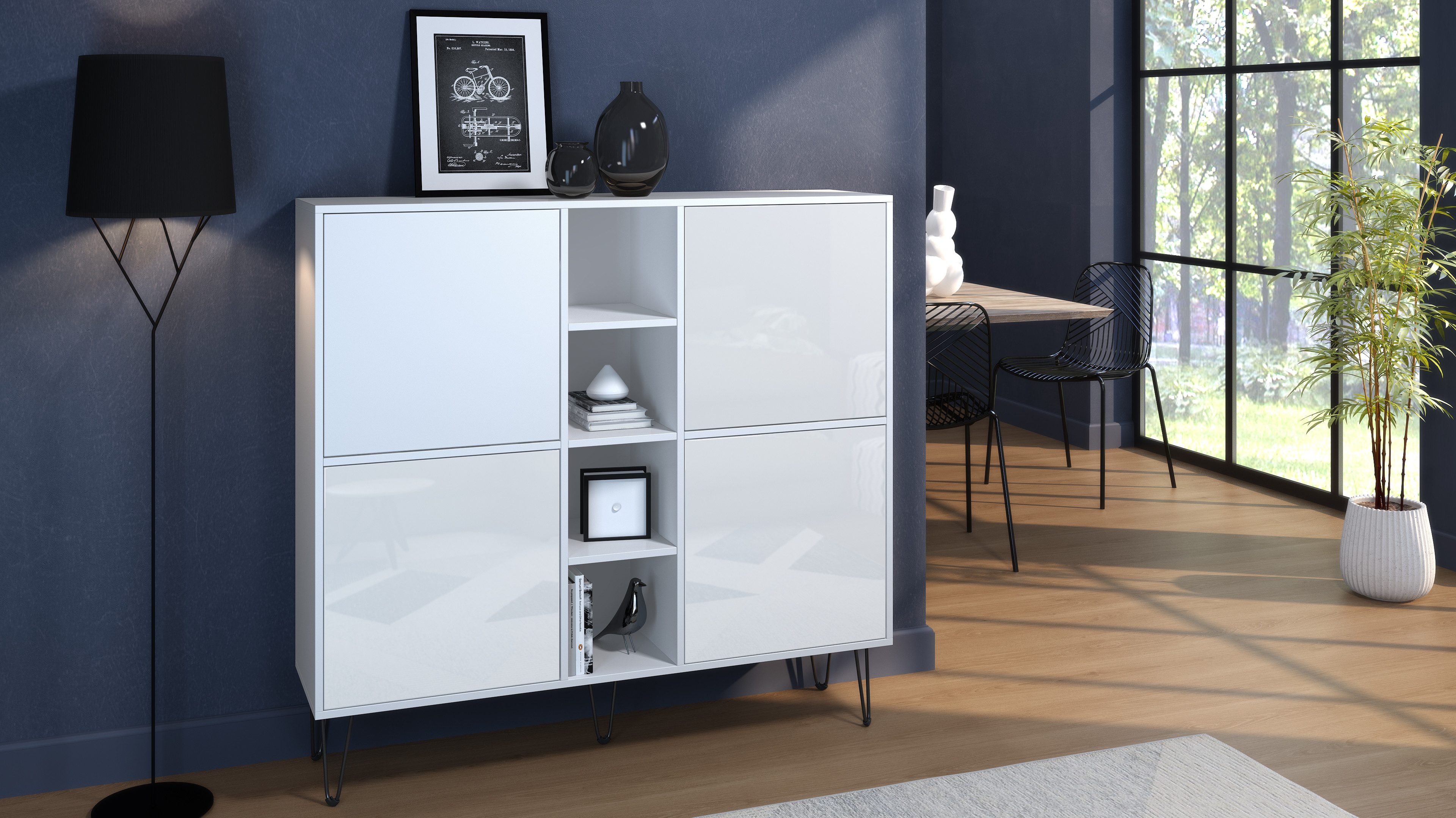 Vladon Highboard Havana V3 (Sideboard mit 4 Türen und 4 offene Fächer, Kommode Made in Germany), Weiß matt / Weiß Hochglanz (130,5 x 124 x 35 cm)