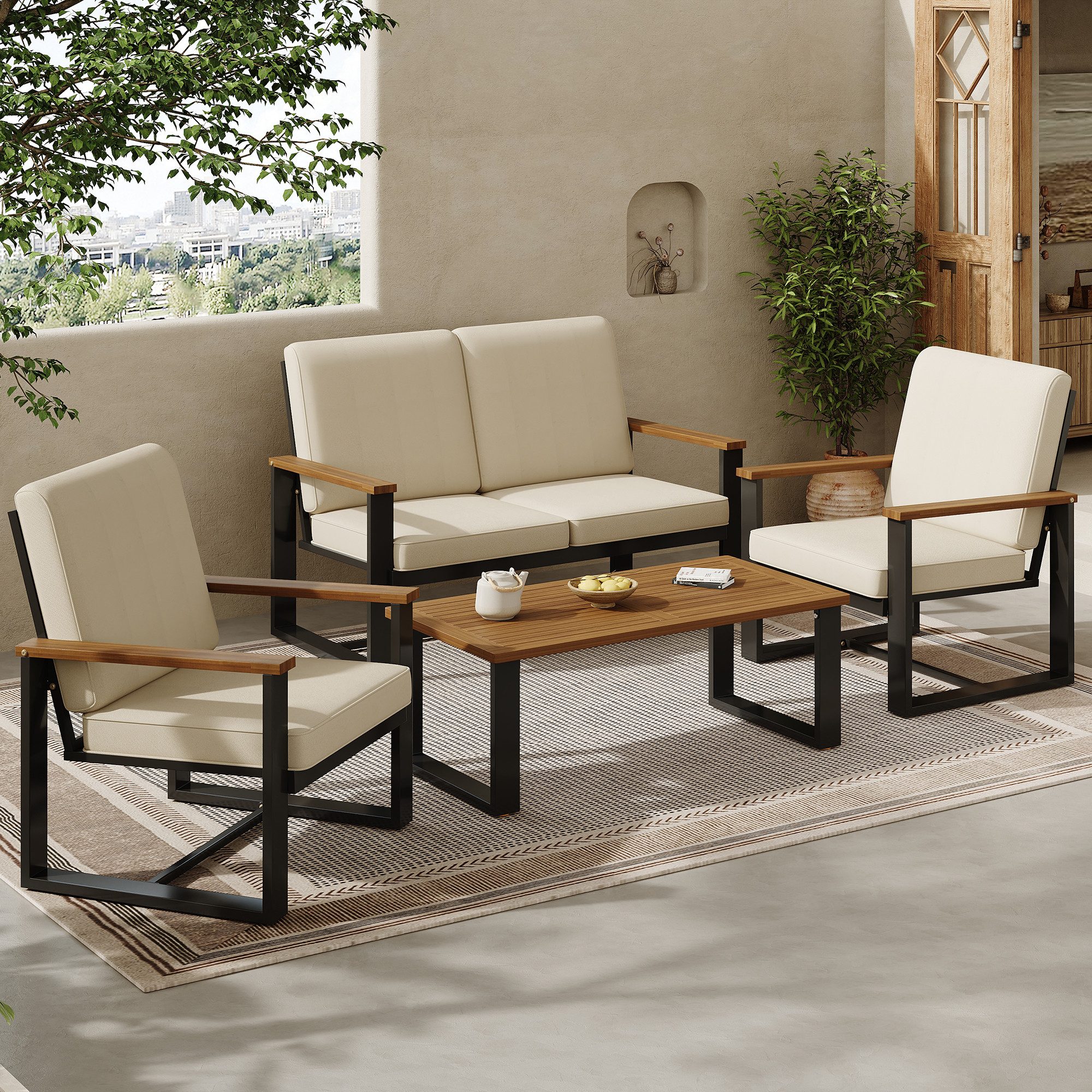 Flieks Gartenlounge-Set, 4-Sitzer Gartenmöbel Balkonset, 2-Sitzer-Sofa günstig online kaufen