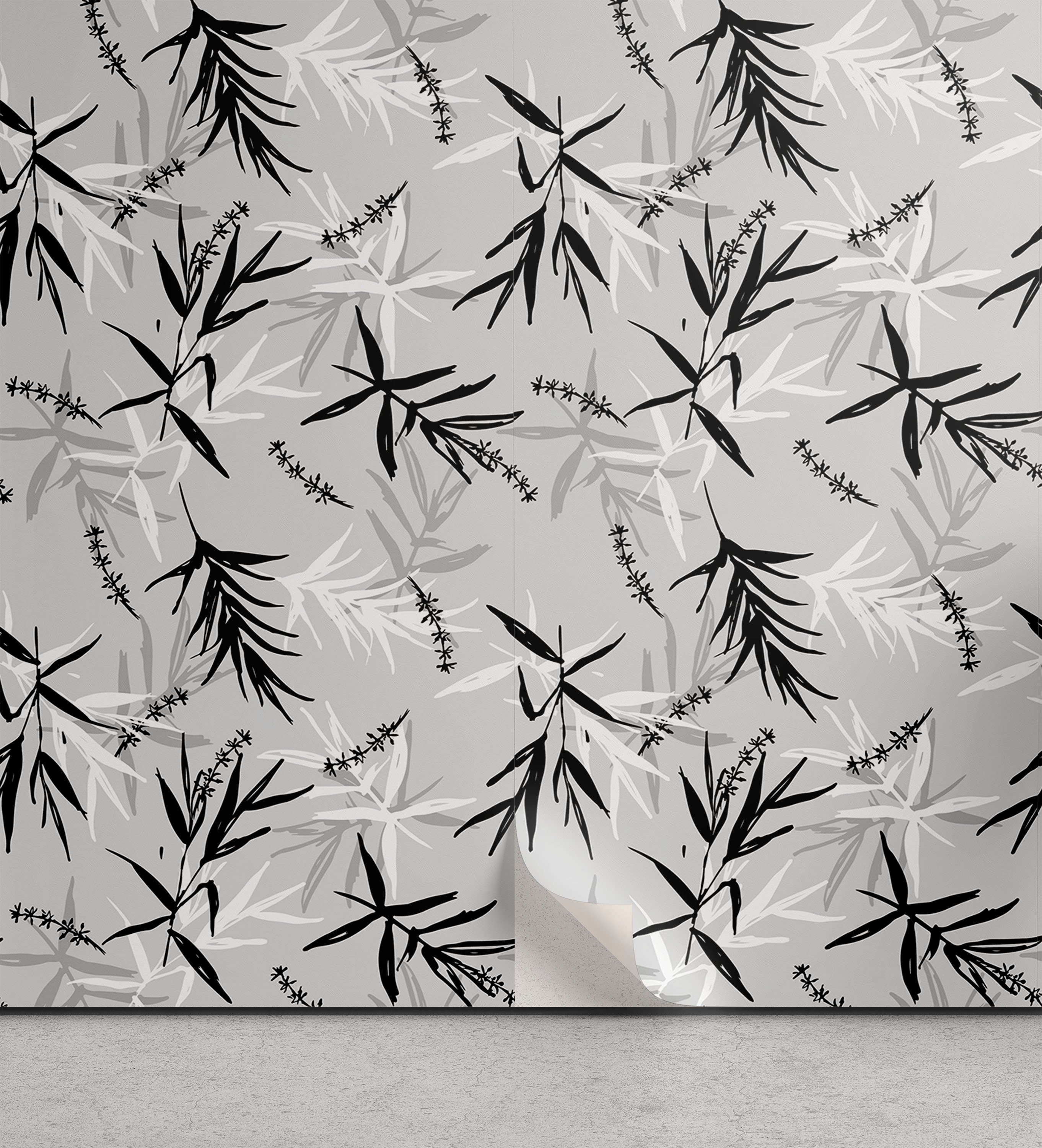 Abakuhaus Vinyltapete selbstklebendes Wohnzimmer Küchenakzent, Blatt Exotische Graustufen Bambus-Blätter