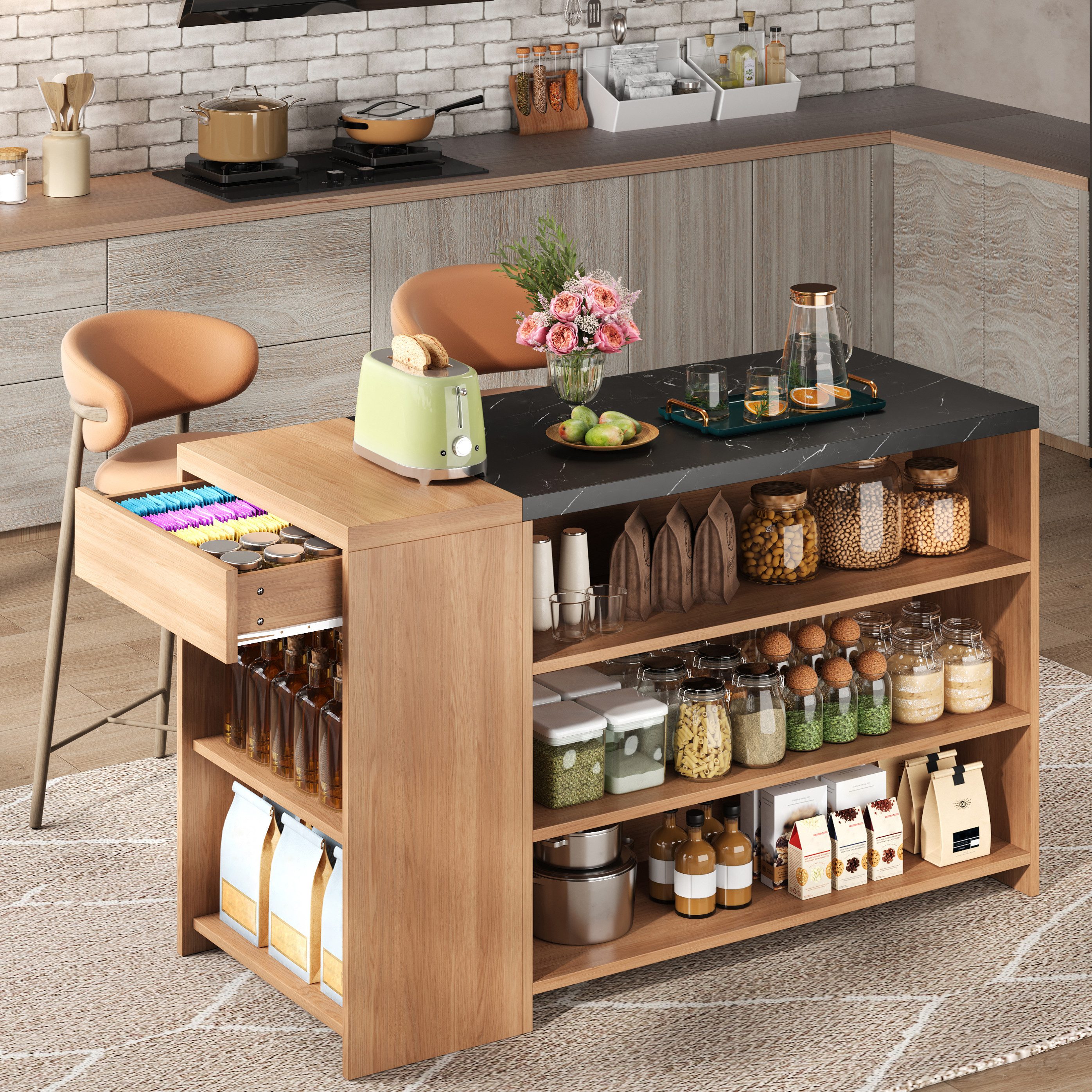 HAUSS SPOLE Kücheninsel mit Schublade,Bartisch Bartheke mit Allround-Stauraumdesign,Eiche, (Anrichte Esstisch mit verdickte Tischplatte), Wohnzimmerschrank mit 5 Ebenen Stauraum