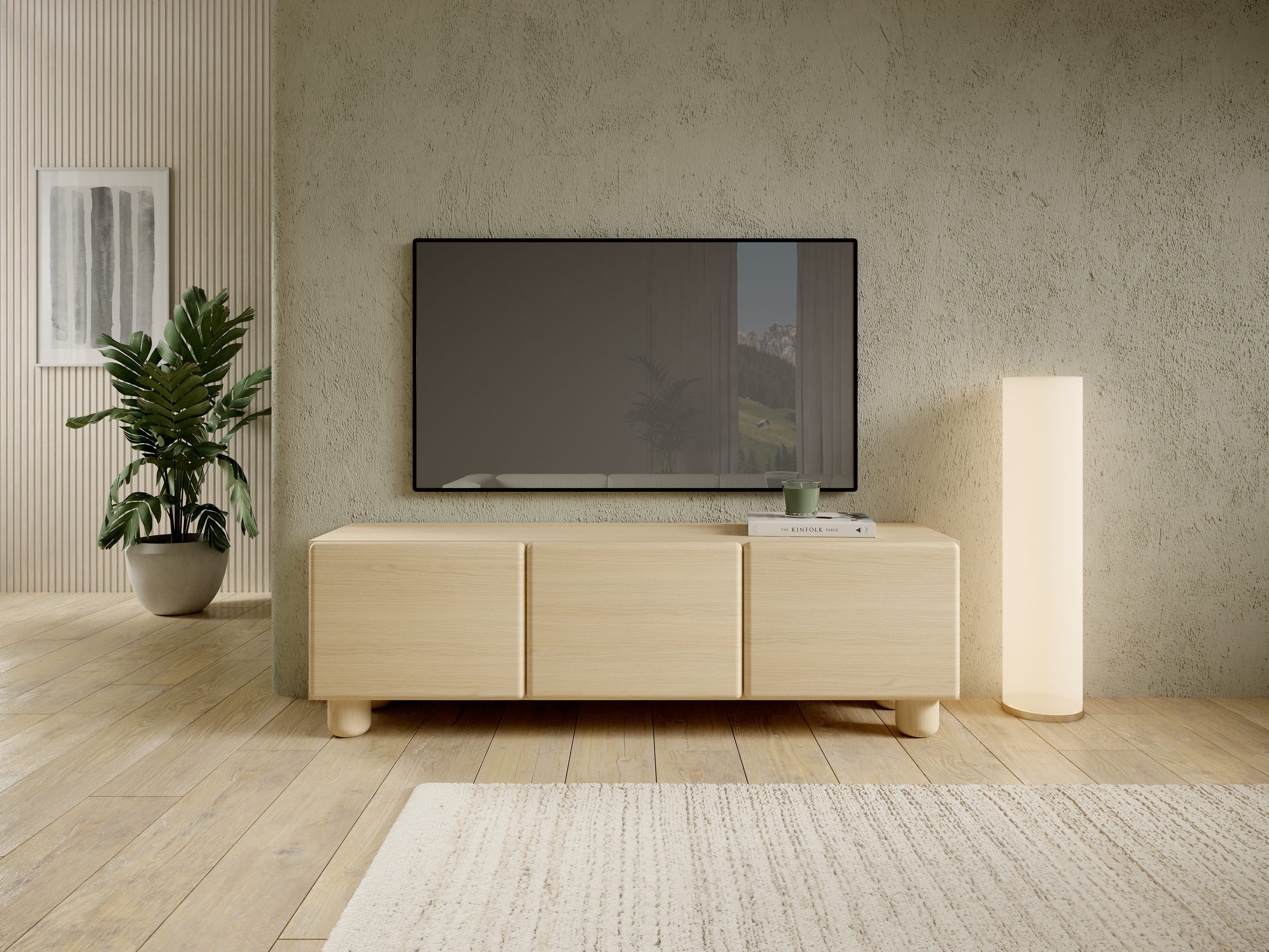 MOEBLO TV-Board ELDORA G 150 3D (TV-Lowboard, 3-türiger TV-Schrank, 150 cm breit, grifflos mit Push-to-open, Japandi-Stil, Vicenza-Eiche), (BxHxT): 150 x 47 x 38 cm