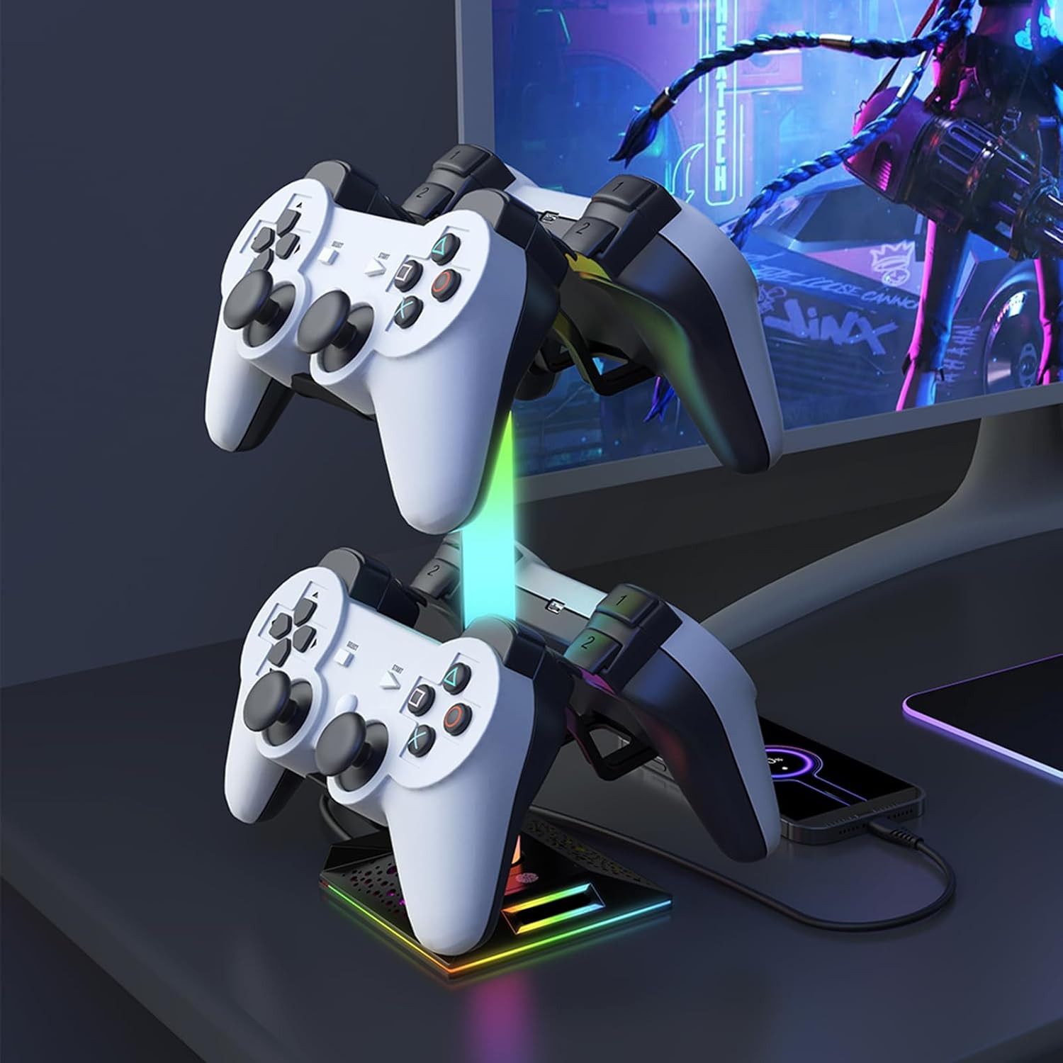 AURIVION RGB Kopfhörerständer mit 10 Leuchtmodi für Gaming Controller (Set, 3 St., Gaming Headset Halter mit 2 USB & 1 USB-C Anschluss)