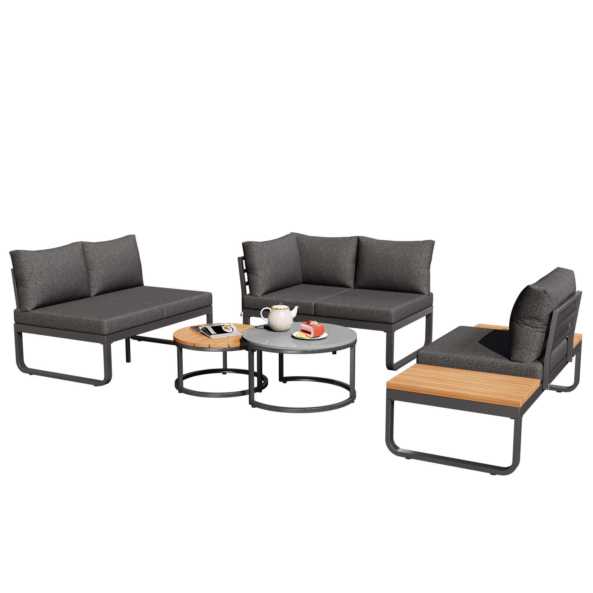 HAUSS SPOLE Gartenlounge-Set Gartenmöbel-Set mit 2 Couchtische, mit verstellbaren Beinen Grau, (Gartenmöbel-Set für 4-5 Personen – 2 Stapelbare Couchtische, Ergonomisches Sofa mit verstellbaren Füßen, Rostfreier Eisenrahmen, Bequeme Kissen und Graue Polster – Perfekt für Garten, Balkon & Terrasse, 5-tlg), mit Relaxfunktion