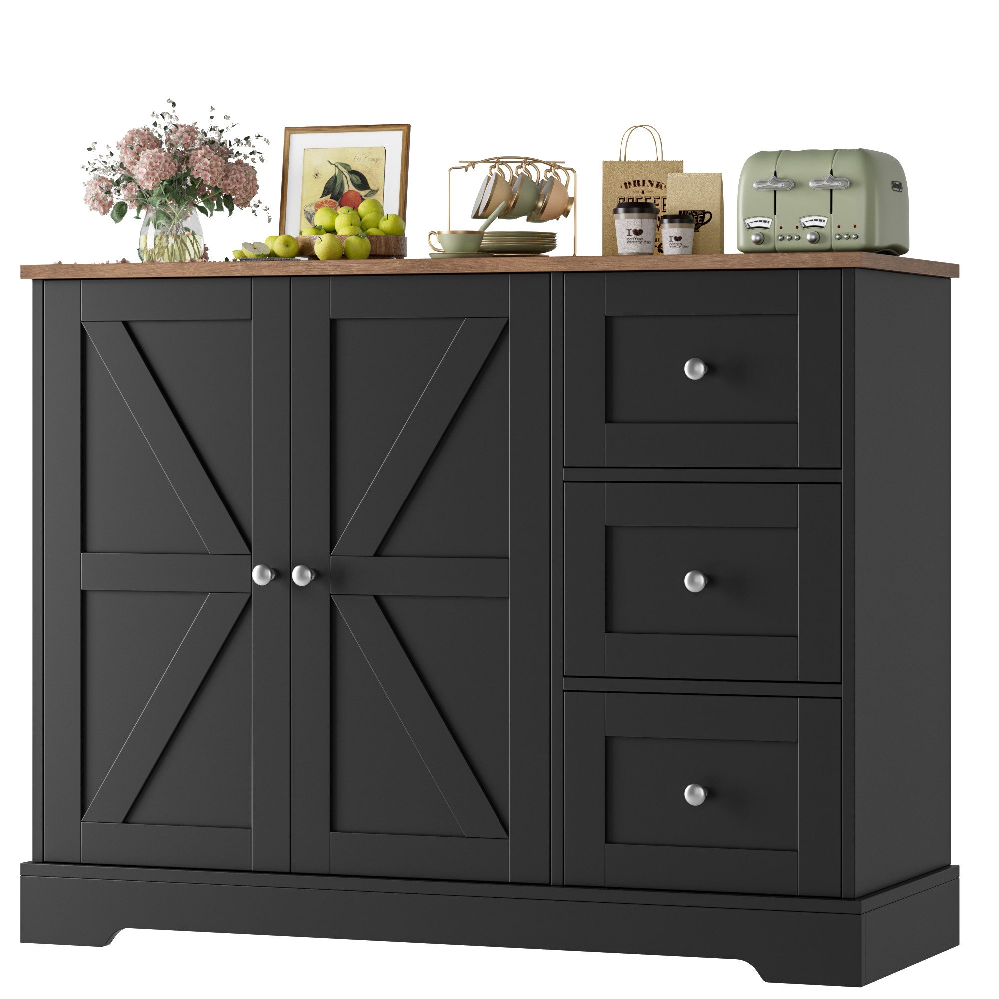 HOMECHO Sideboard, Küchenschrank mit Arbeitsplatte, Buffetschrank Weiß & Braun