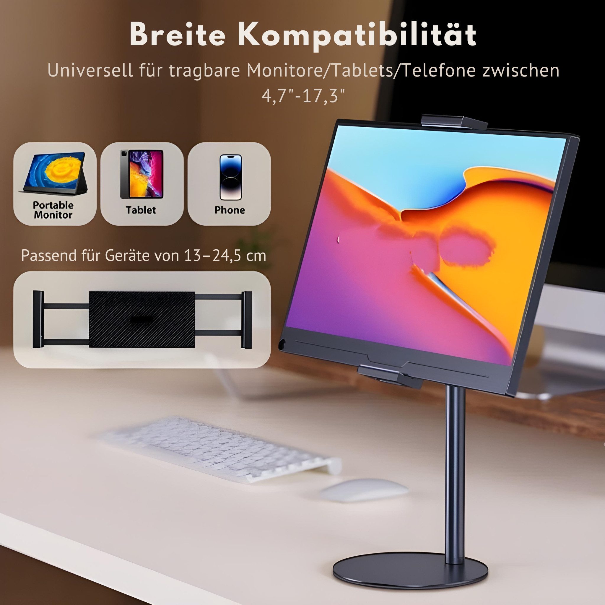 Norvéa Home Tablet-Halterung Universelle Halterung für Monitore, Tablets & Handys, höhenverstellbar, (bis 17,3 Zoll, Komplett-Set, Universell passend, ideal für unterwegs)