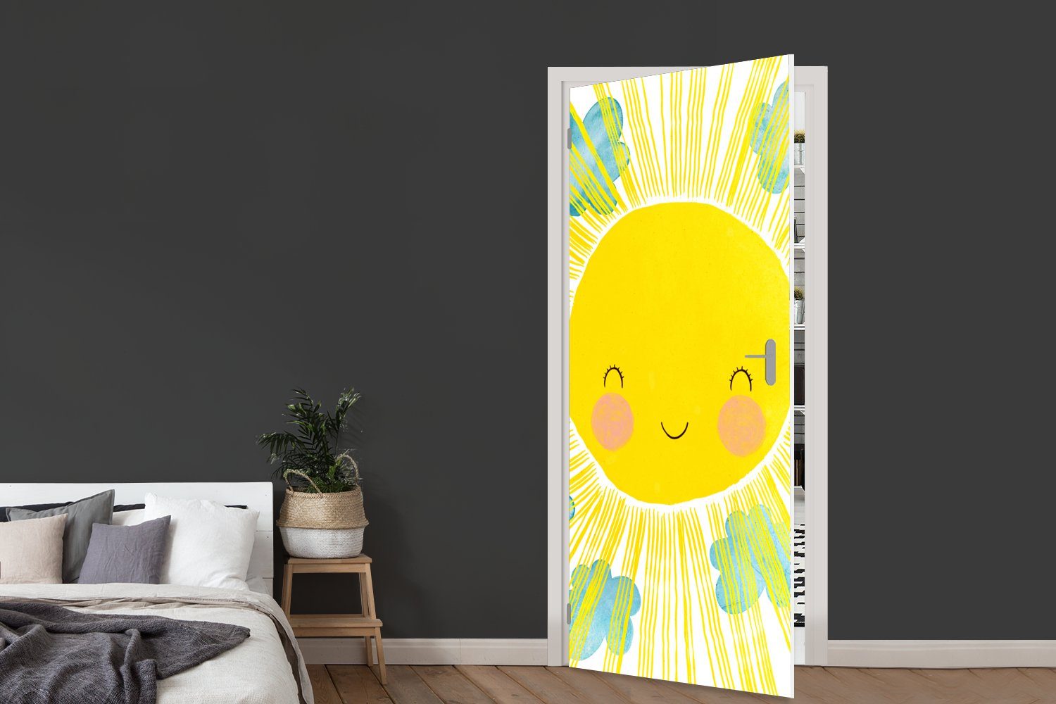 MuchoWow Türtapete Sonne - Gelb Tür, - Fototapete - für 75x205 Matt, St), Türaufkleber, Kinder Illustration, bedruckt, (1 cm