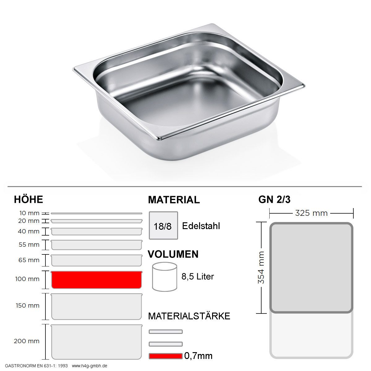 WAS Thermobehälter Gastronorm Behälter GN 2/3 - 100mm - GN90 - 18/8 Edelstahl - 0,7mm, Edelstahl