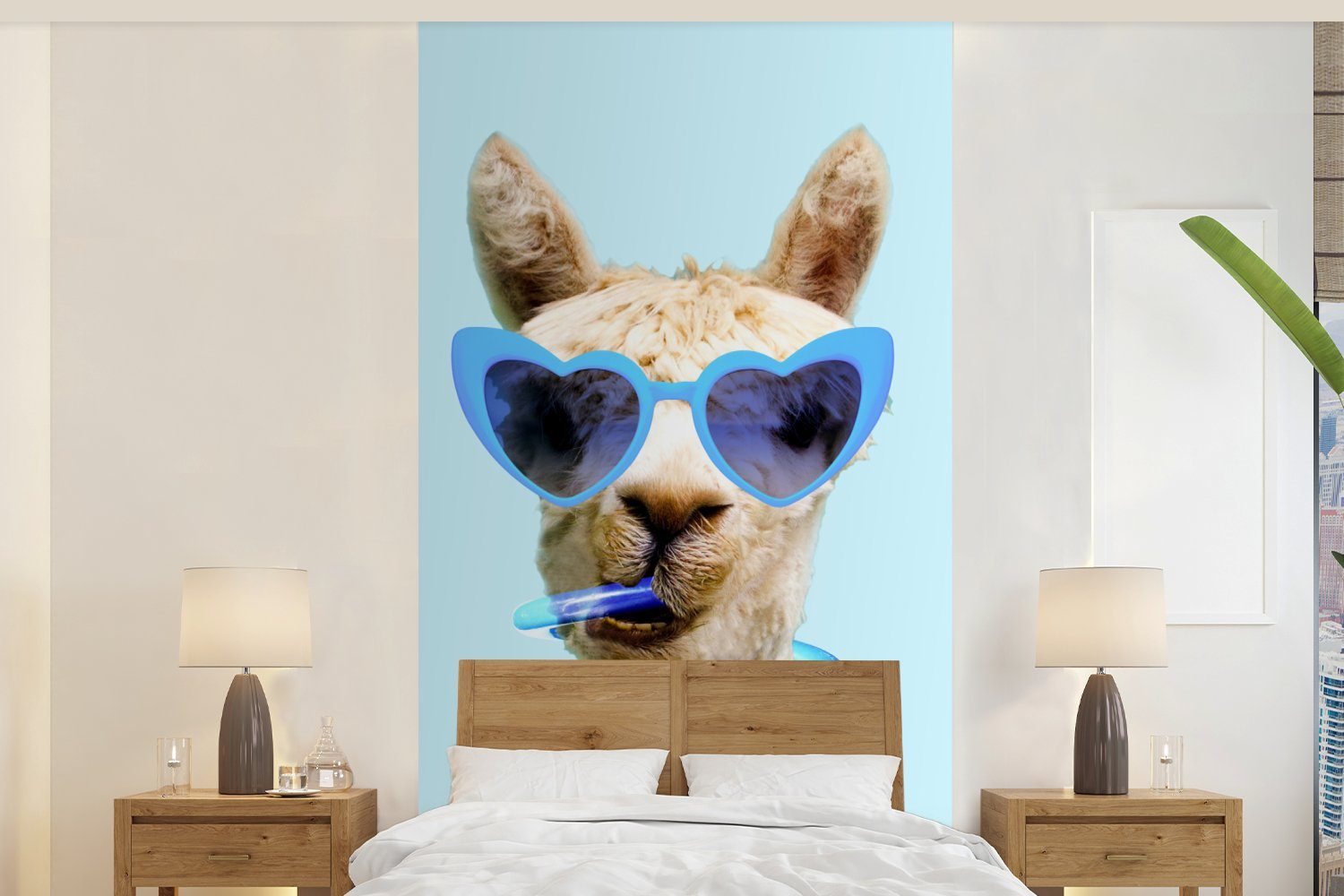 MuchoWow Fototapete Lama - Sonnenbrille - Blau - Tier, Matt, bedruckt, (2 St), Vliestapete für Wohnzimmer Schlafzimmer Küche, Fototapete | Fototapeten