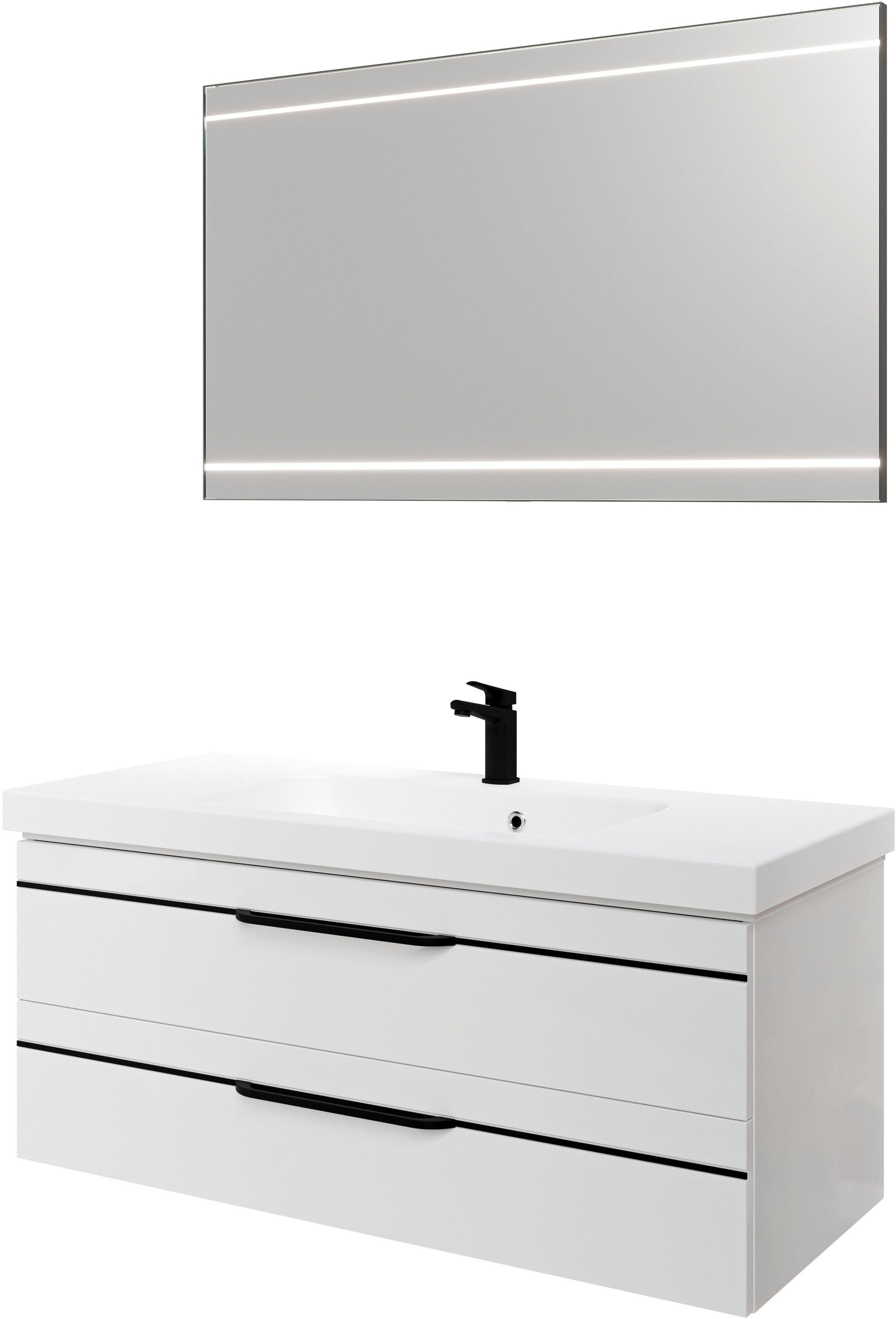 Saphir Badmöbel-Set Balto 2-teilig Mineralmarmor-Waschtisch mit LED-Spiegel, 123 cm breit, (2-St), Waschplatz mit 2 Schubladen, Badschrank inkl. Schubladendämpfer