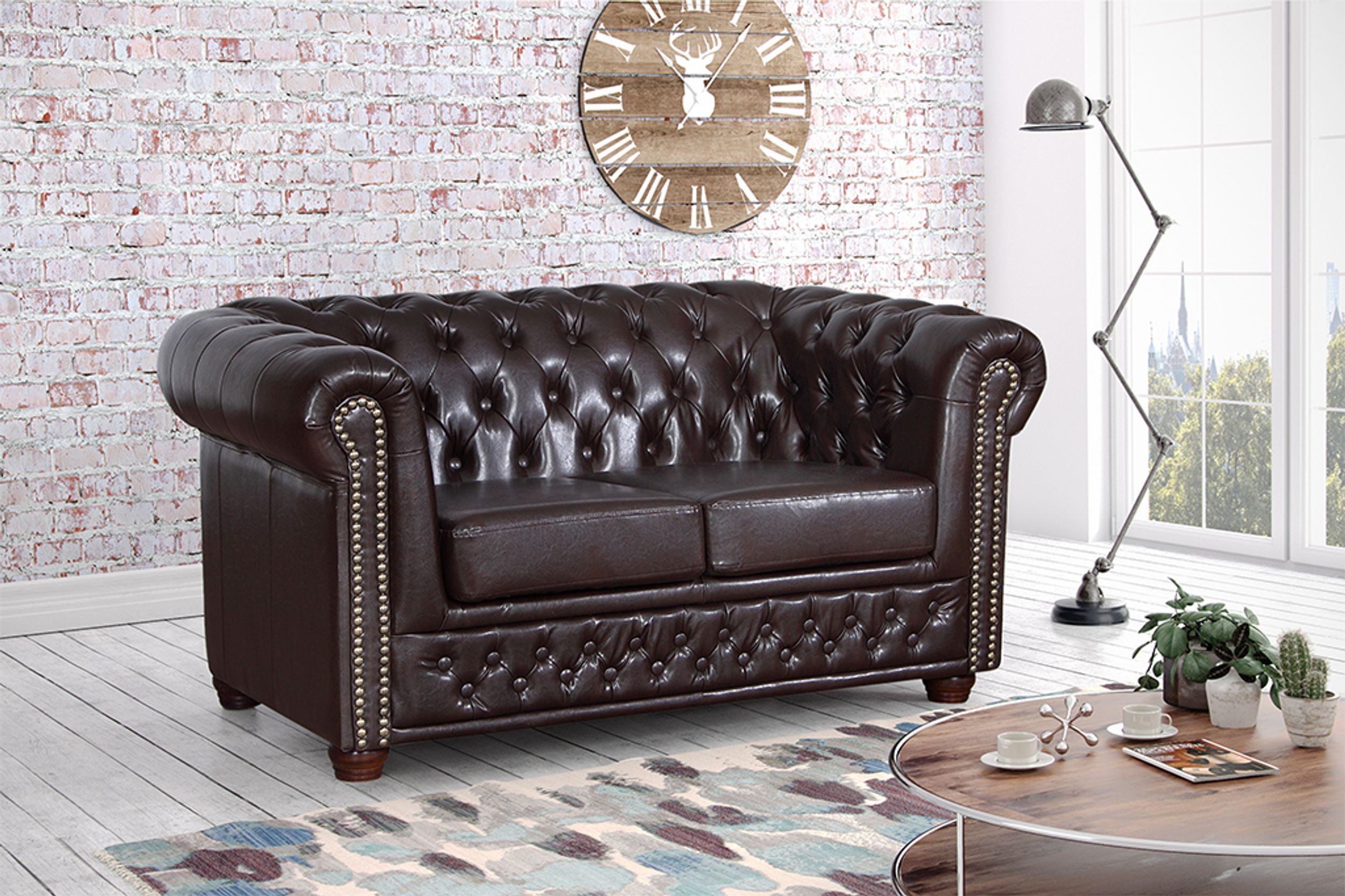 Küchen-Preisbombe Sofa Edles Sofa 2 Sitzer in Kunstleder Vintage braun Couch Polstersofa, Chesterfield Sofa