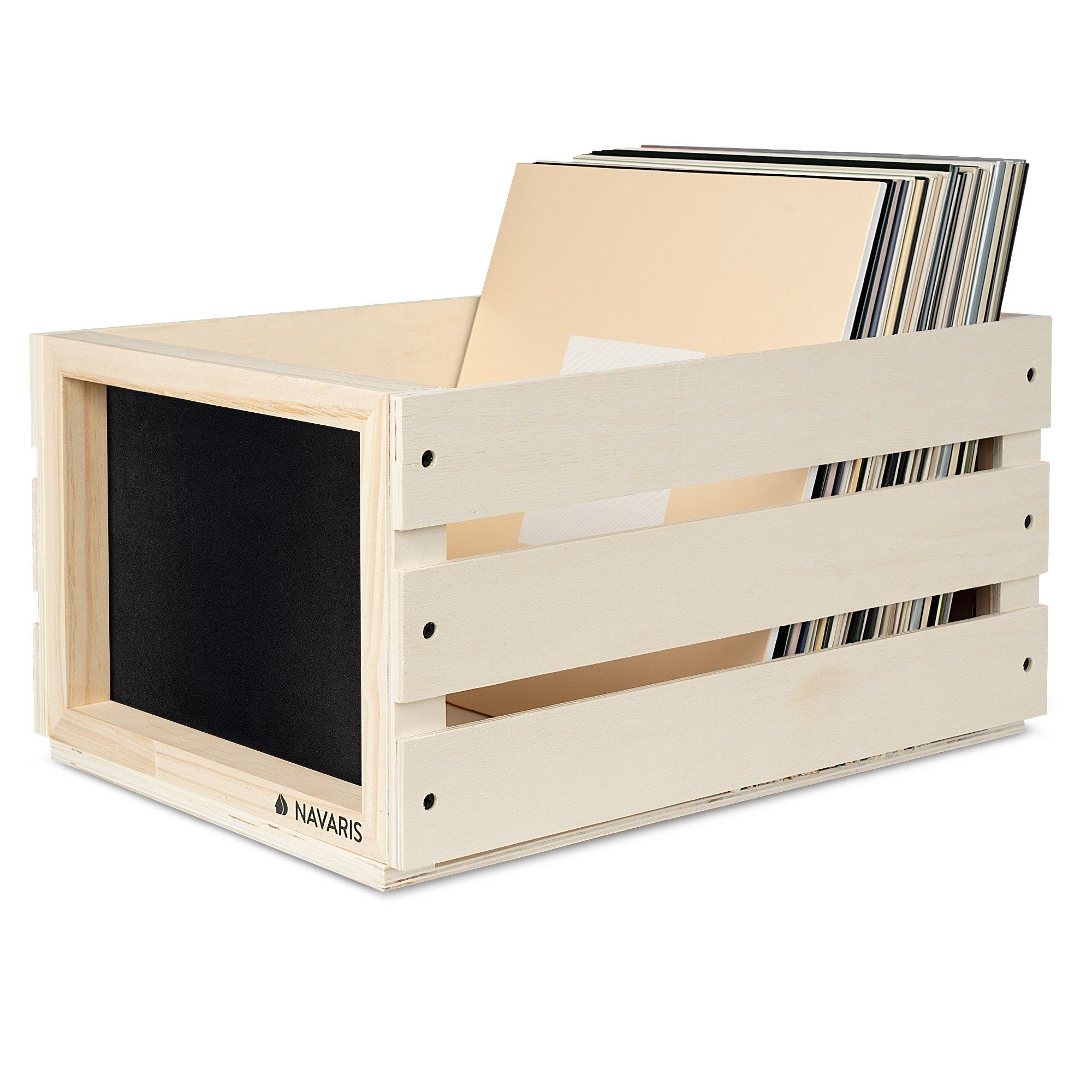Navaris Holzkiste, Holz Schallplatten Kiste mit Kreidetafel - 42,9 x 34,4 x  22,9 cm - für bis zu 80 LP Platten - Vinyl Aufbewahrung Holzkiste - Natur