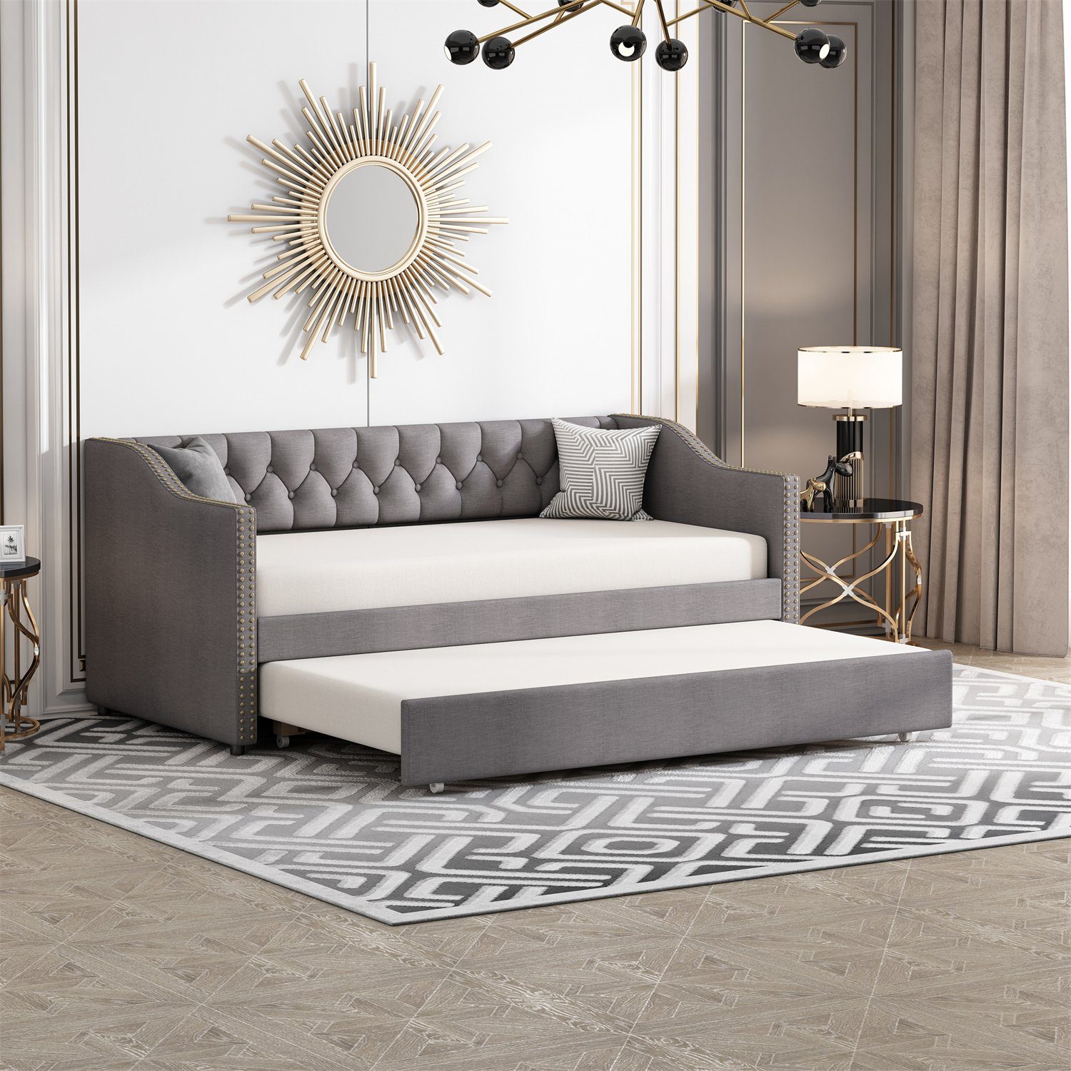 Daybett (Polsterbett mit Ausziehbarem Unterbett und Lattenrost), Schlafsofa Kinderbett Gästebett 90x200cm, Leinen