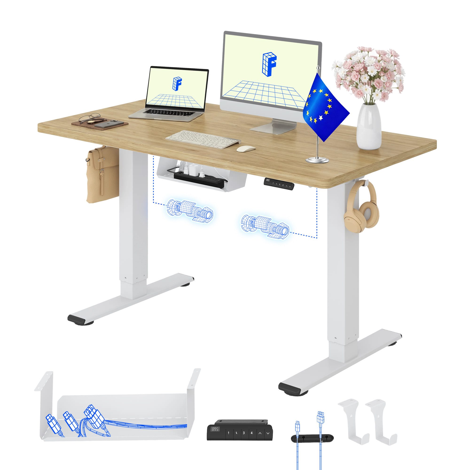 FLEXISPOT Schreibtisch Basic Plus höhenverstellbarer Schreibtisch mit Premium-Zubehör-Set (2 Motore & 2-Fach-Teleskop & 4 Höhenspeichertasten), MIT 25MM einteiliger Tischplatte, MADE in EU, 120/140/160/180