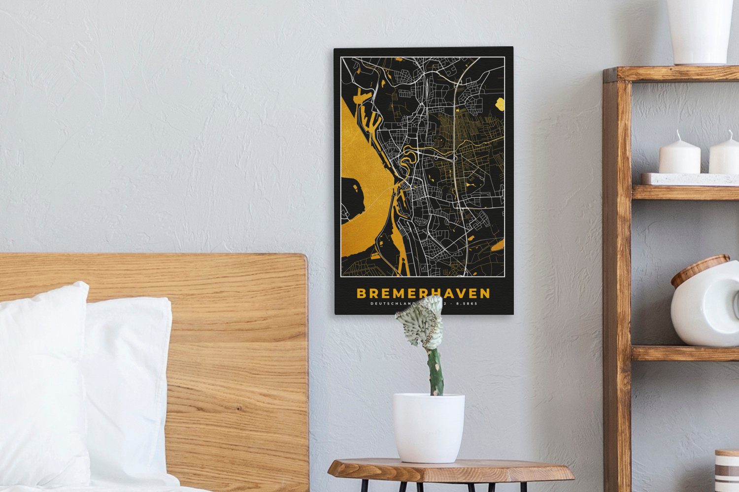 Karte Gemälde, Deutschland, - OneMillionCanvasses® Gold Stadtplan - (1 bespannt 20x30 - Zackenaufhänger, St), Leinwandbild - cm Leinwandbild inkl. Bremerhaven fertig