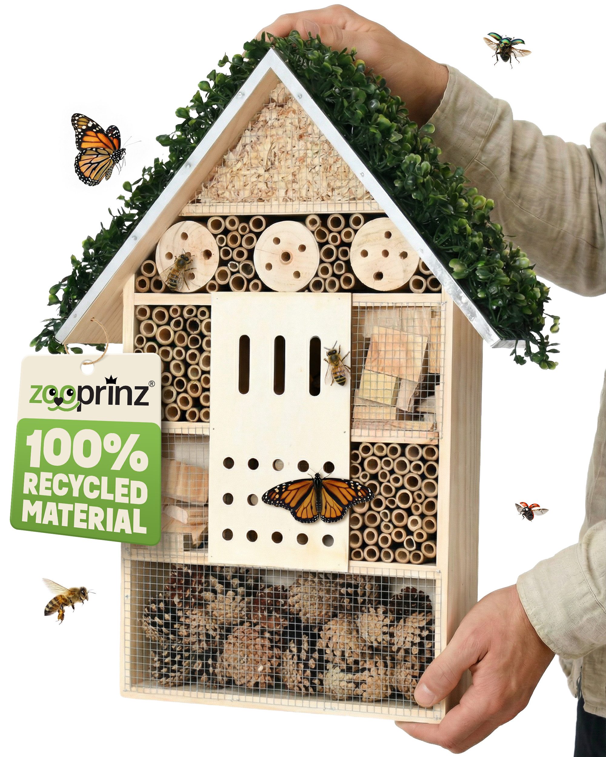 Zooprinz Insektenhotel Insektenhaus zum Aufhängen XXL Vollholz 55x31 cm, Kiefernholz, Bambus, Tannenzapfen, mit Dekoration und Aufhängung