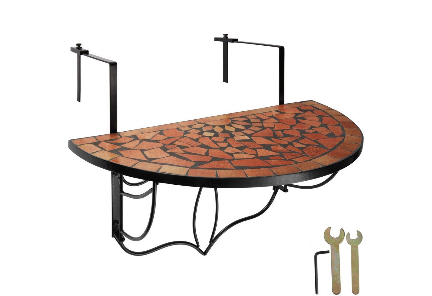 tectake Balkonhängetisch Balkontisch zum Einhängen, 75 x 65 x 62 cm, mit soliden Metallhaken (Klappbarer Balkontisch, 1-St., in terracotta), Stahl, Mosaik und Zement, halbkreisförmig, klappbar, massive Platte