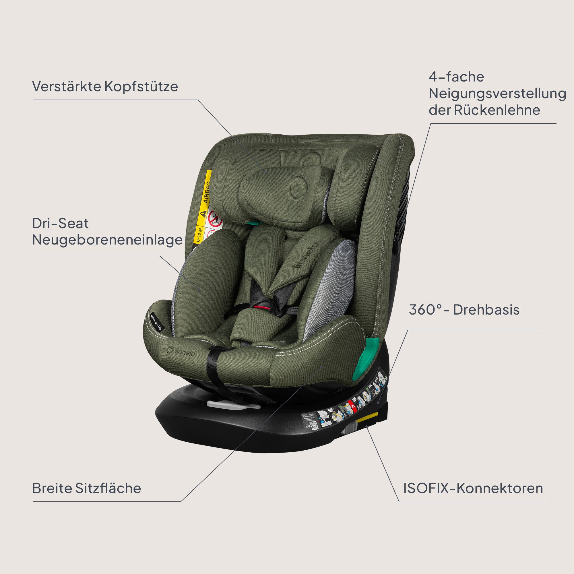 lionelo Autokindersitz BASTIAAN ONE i-SIZE, ab: ab Geburt, bis: 12 Jahren, ab: 40,00 cm, bis: 150,00 cm, (Set), 4 in 1/i-Size/Dri-Seat/360 Grad/0-36kg