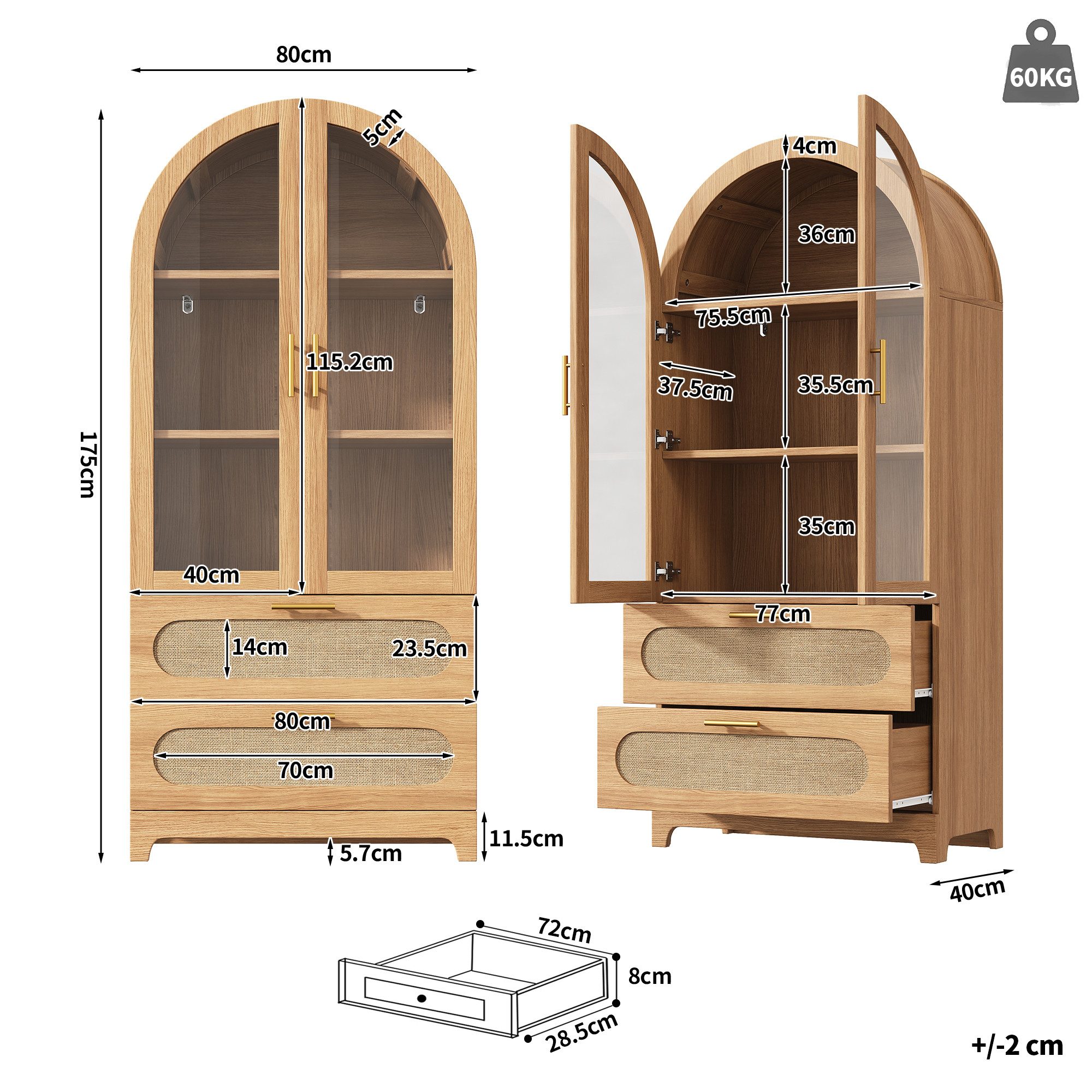 Flieks Vitrine Glasvitrine Montmartre-Bogen in Retro-Design Walnussholzfarbe/Natur (Mehrzweckschrank mit verstellbaren Einlegeböden, 1-St., H175xB80xT40cm) Hoch – Bild 5 von 5