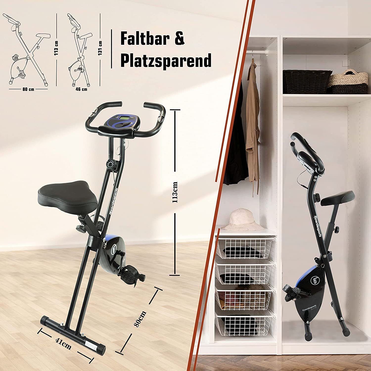 Fjoerdesports Heimtrainer Faltbarer Heimtrainer mit LCD Display Hometrainer Fitnessfahrrad (Maximales Benutzergewicht 110 Kg inkl. verstellbaren Sitz, klappbarer Hometrainer, inklusive Pulsmessung, maximales Benutzergerwicht 110 kg, Fitness Bike, Seniorentrainer, Bewegungstrainer, Trimmrad, höhenverstellbar, stabile Standfüße, bodenschonend, 8 Widerstandsstufen, Handpulssensoren, Riemenantrieb), Hometrainer, Fitnessfahrrad LCD Trainingscomputer